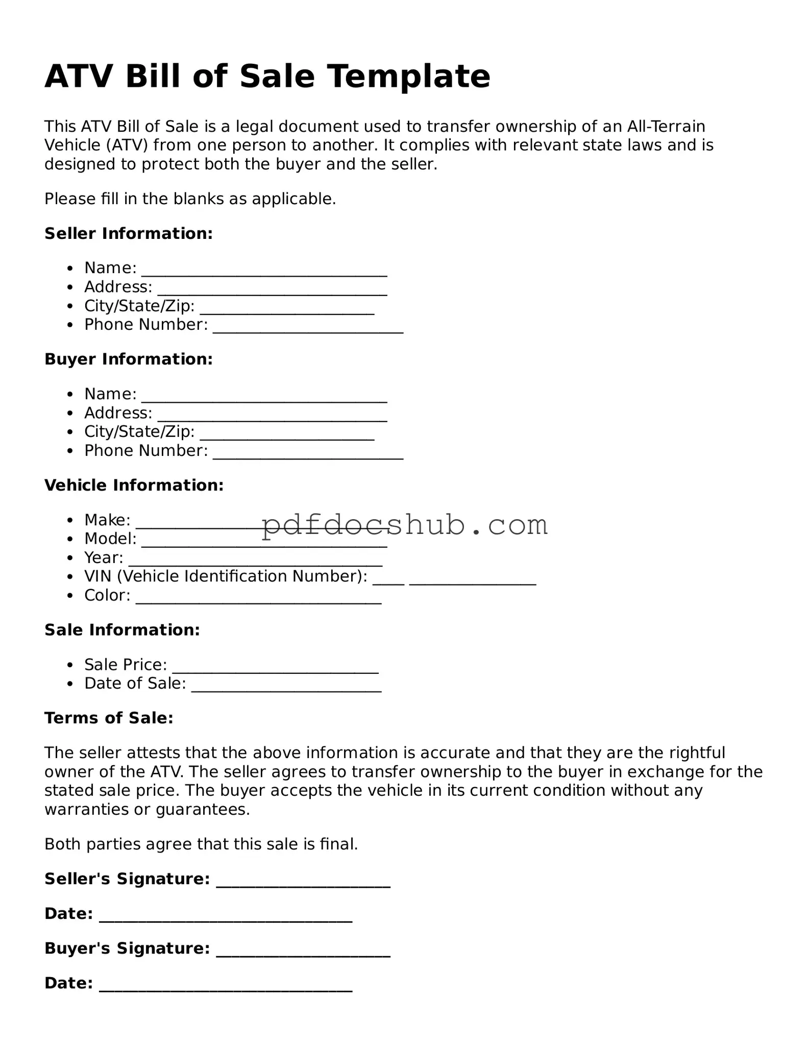 Legal ATV Bill of Sale Template