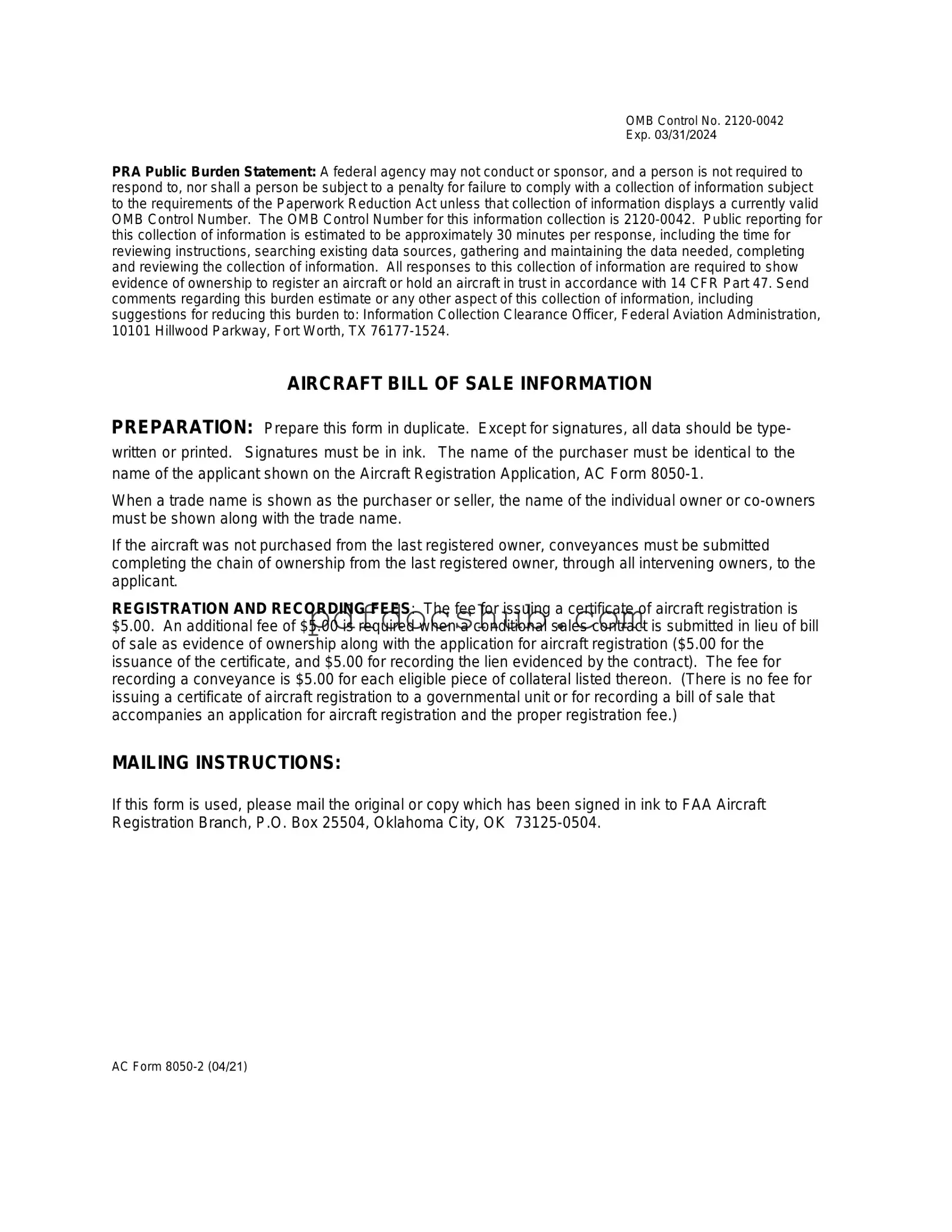 Aircraft Bill of Sale AC 8050-2 Template