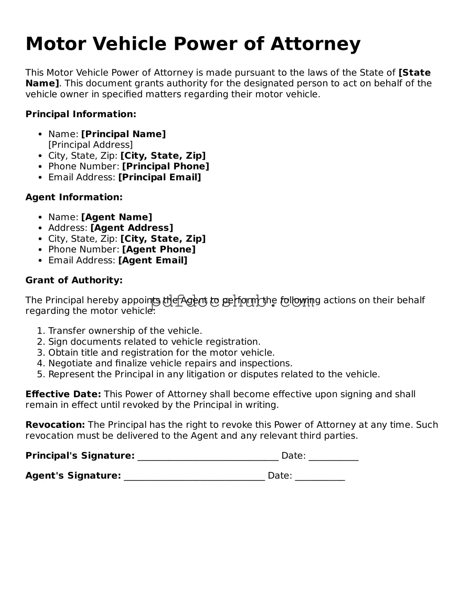 Legal Motor Vehicle Power of Attorney Template