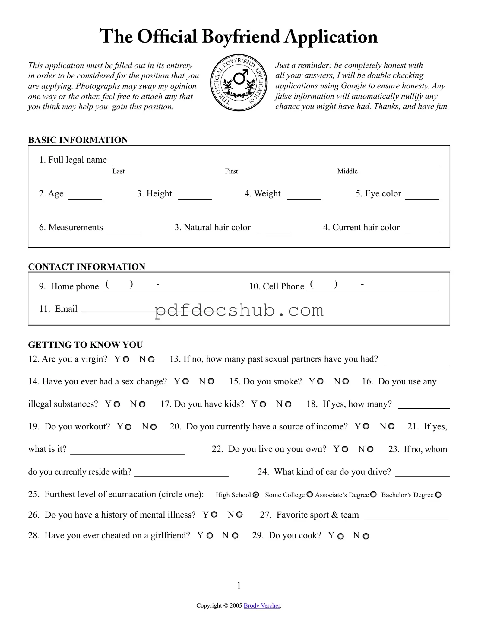 Boyfriend application form Template