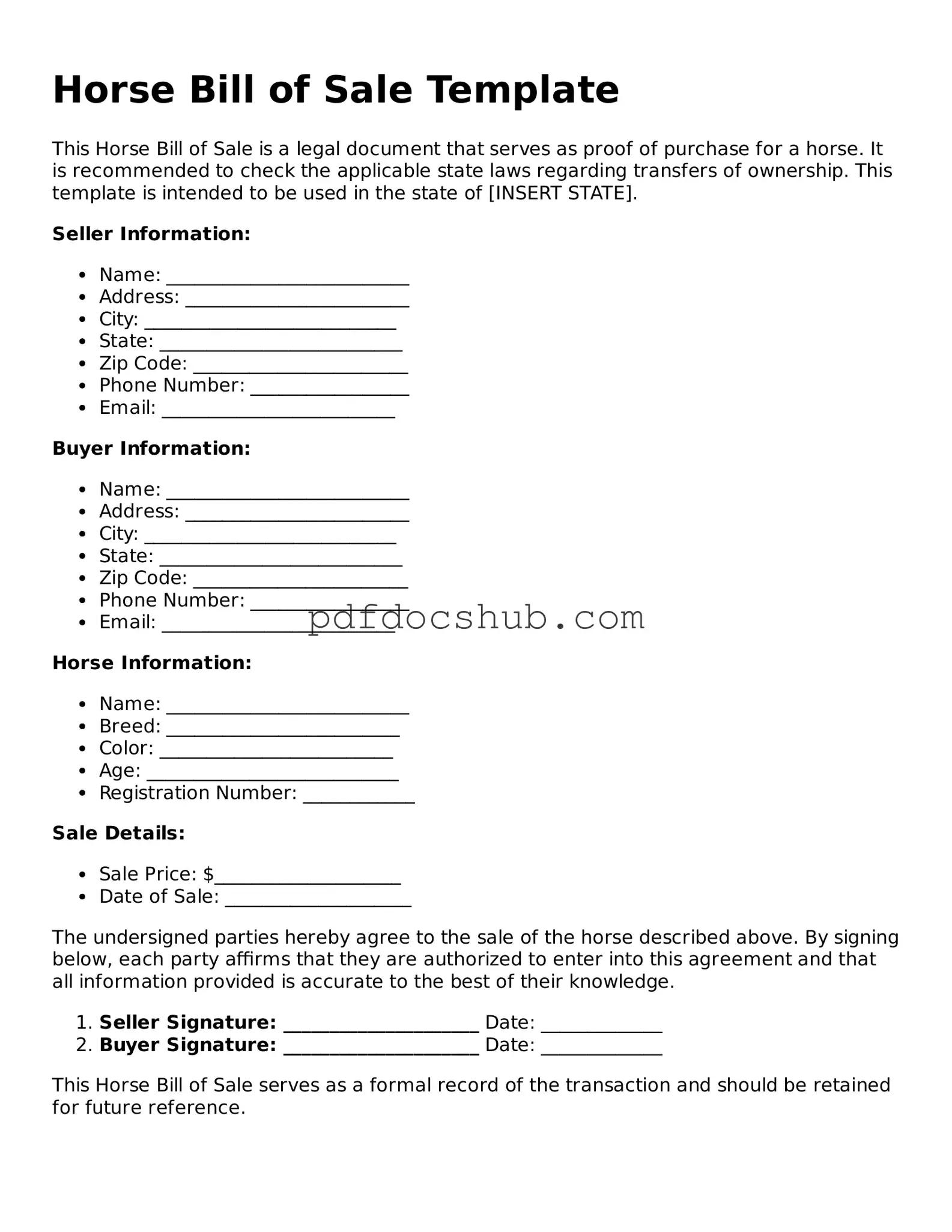 Legal Horse Bill of Sale Template