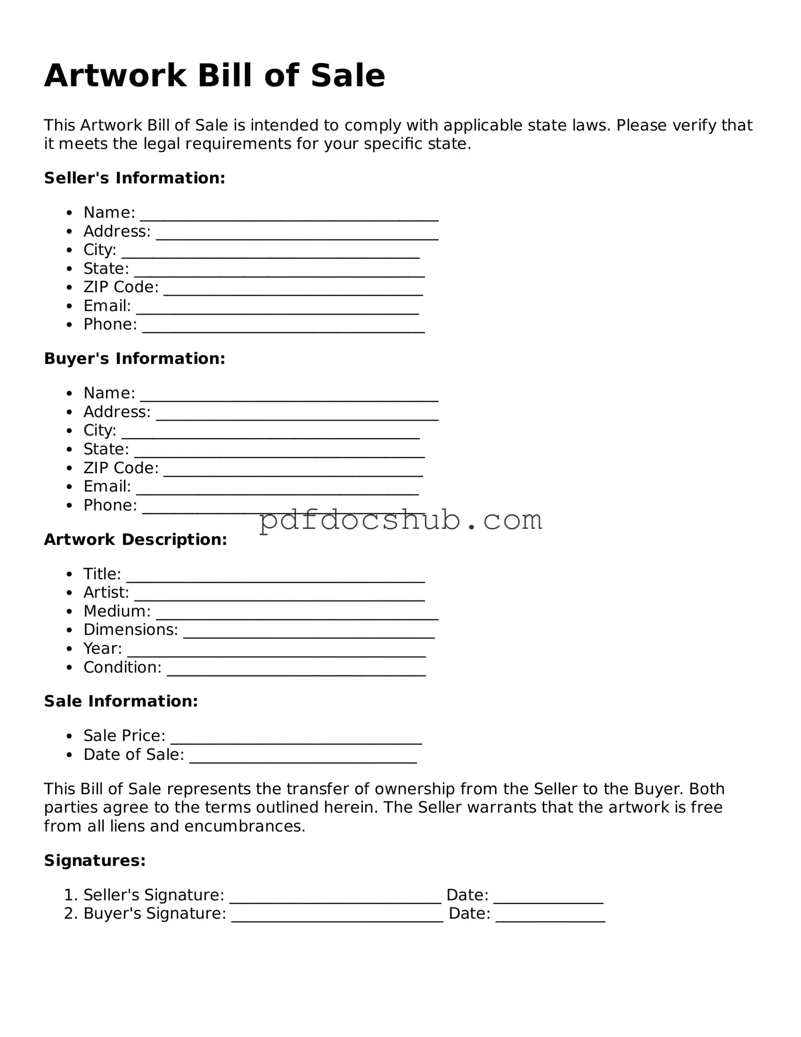 Legal Artwork Bill of Sale Template