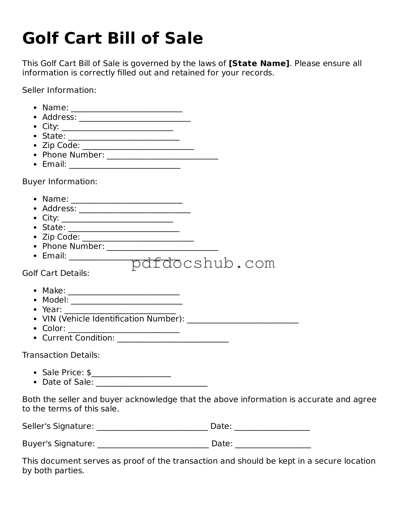 Legal Golf Cart Bill of Sale Template