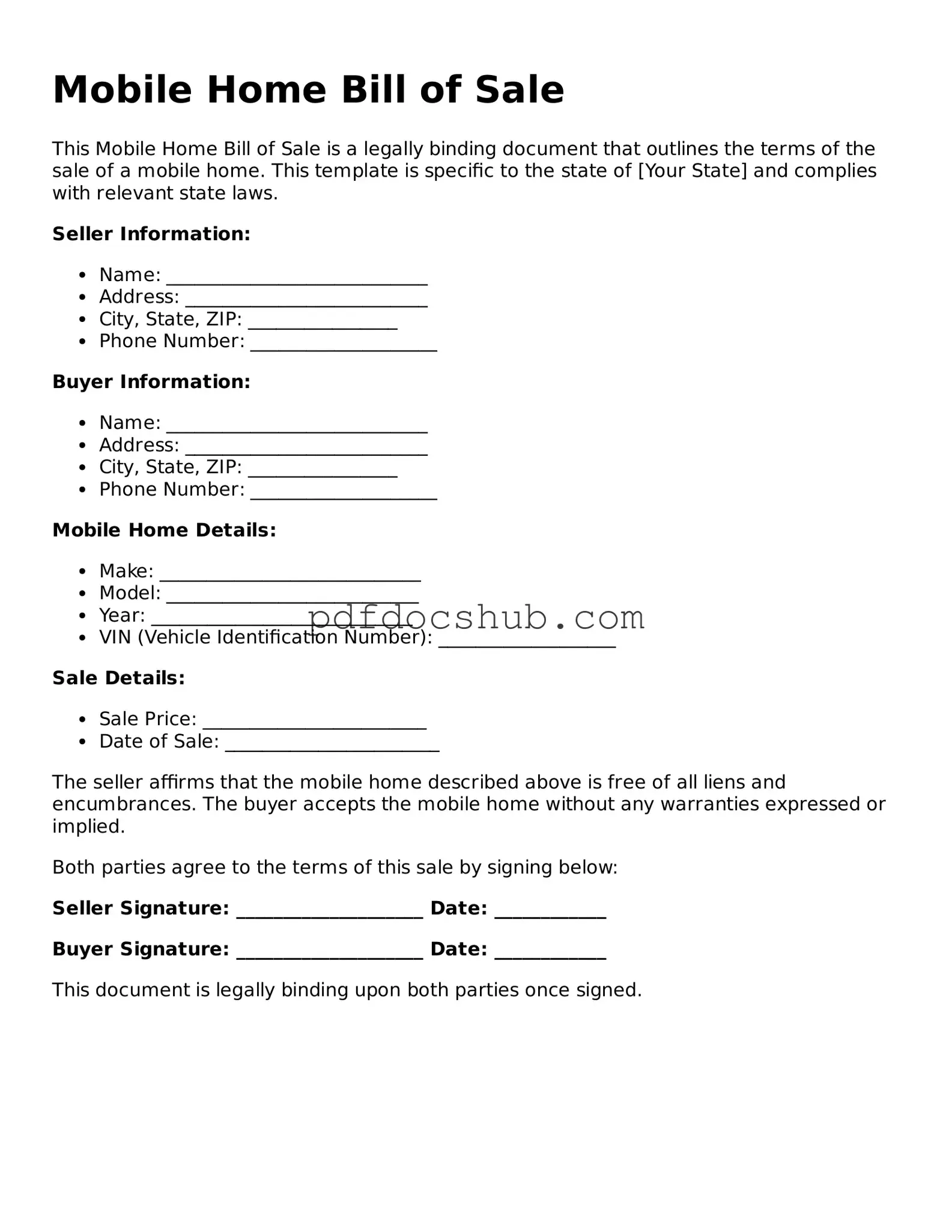 Legal Mobile Home Bill of Sale Template