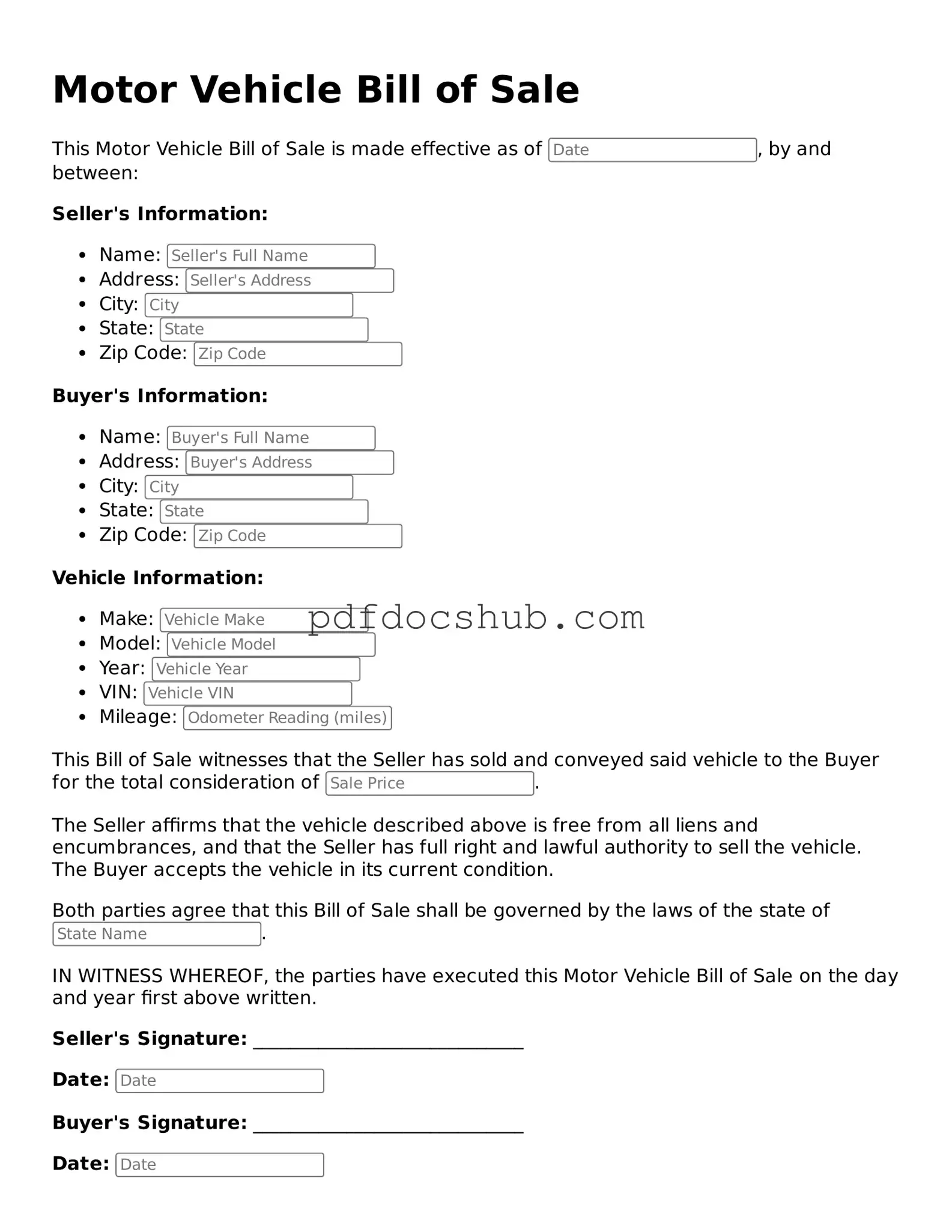Legal Motor Vehicle Bill of Sale Template