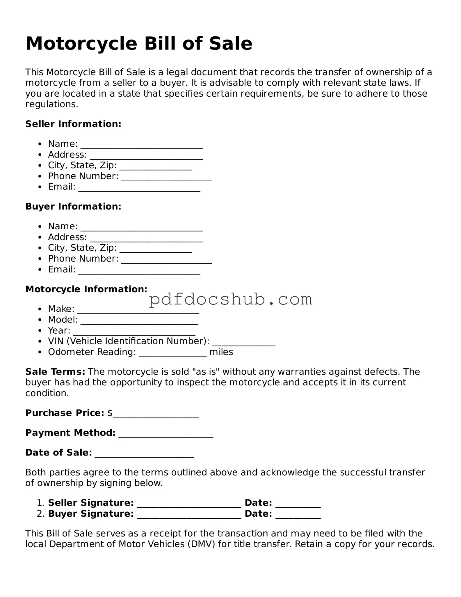 Legal Motorcycle Bill of Sale Template