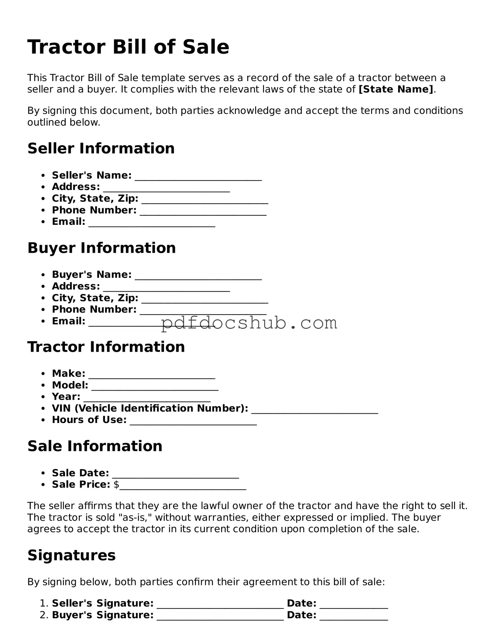 Legal Tractor Bill of Sale Template