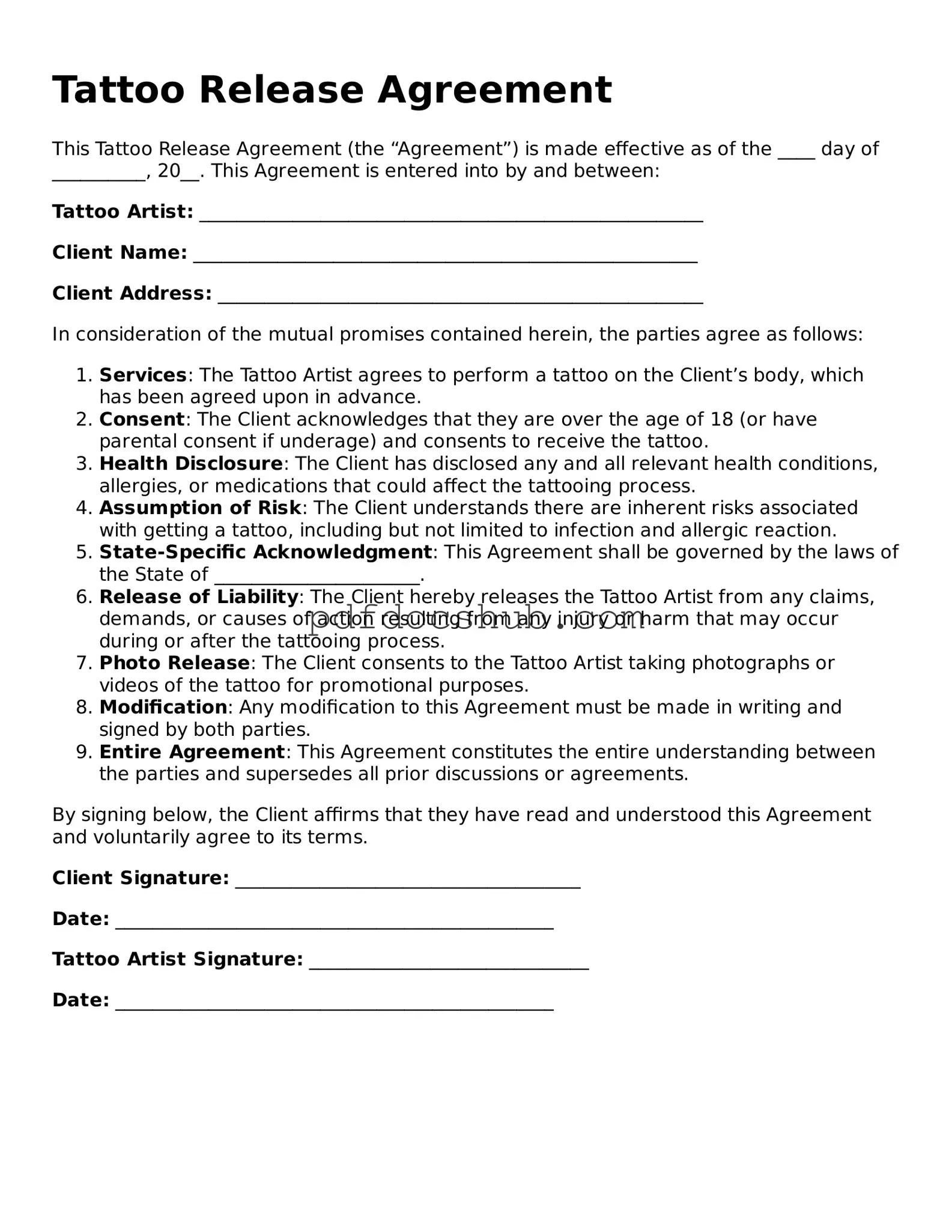 Legal Tattoo Release Template
