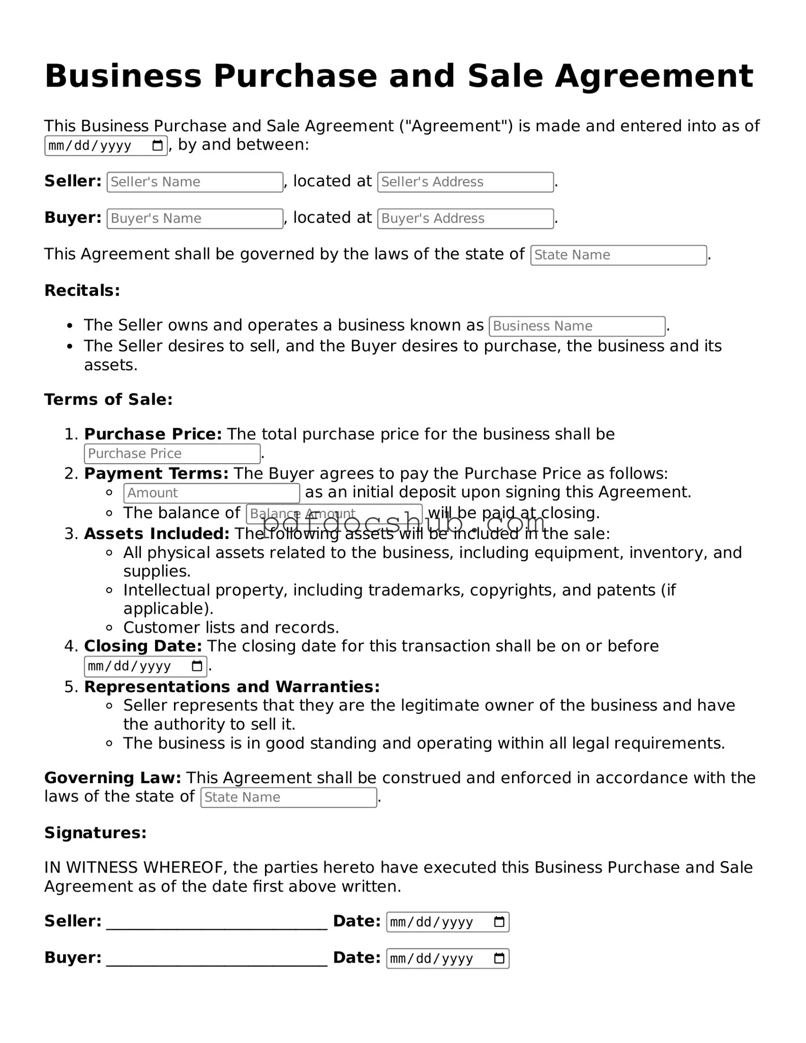 Legal Business Purchase and Sale Agreement Template