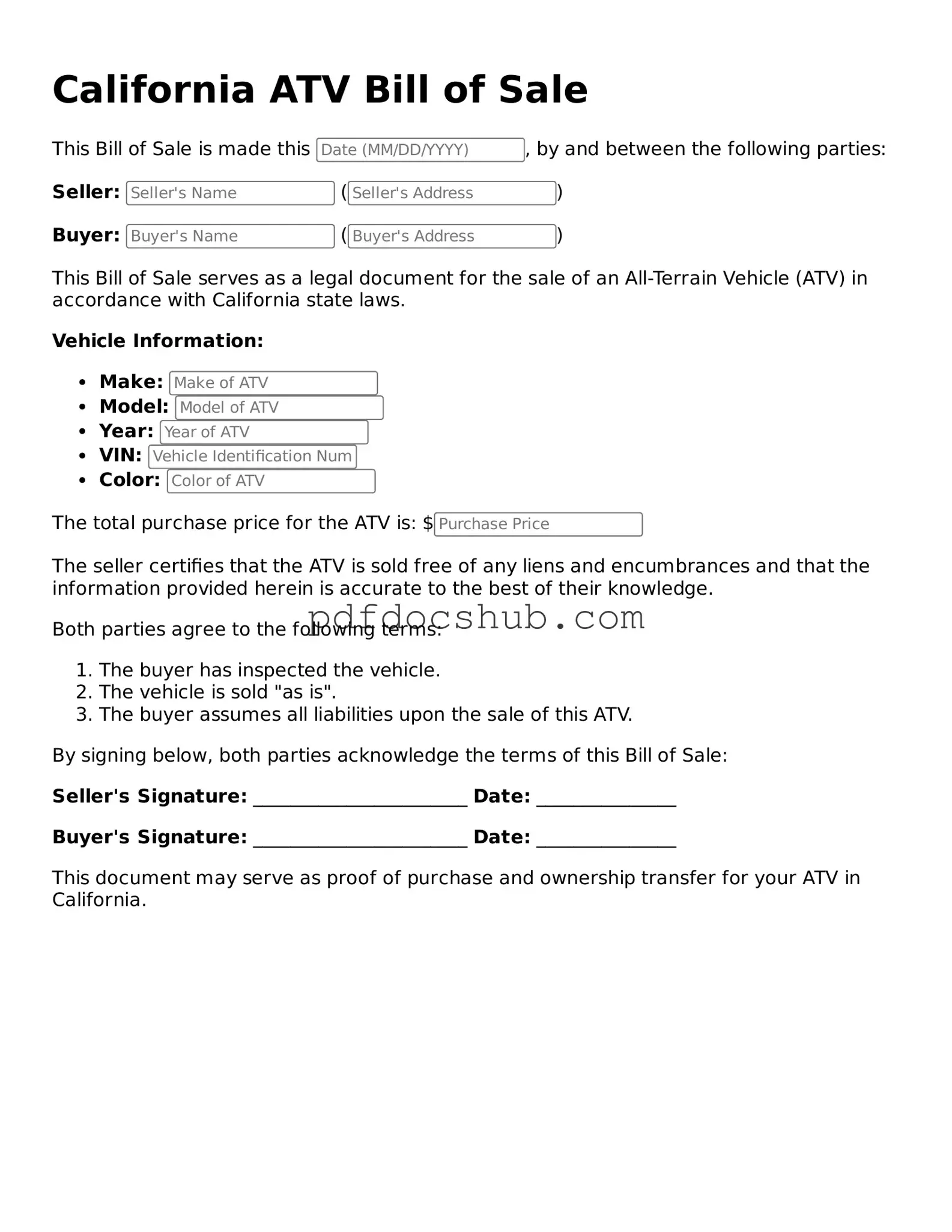 Attorney-Approved California ATV Bill of Sale Form