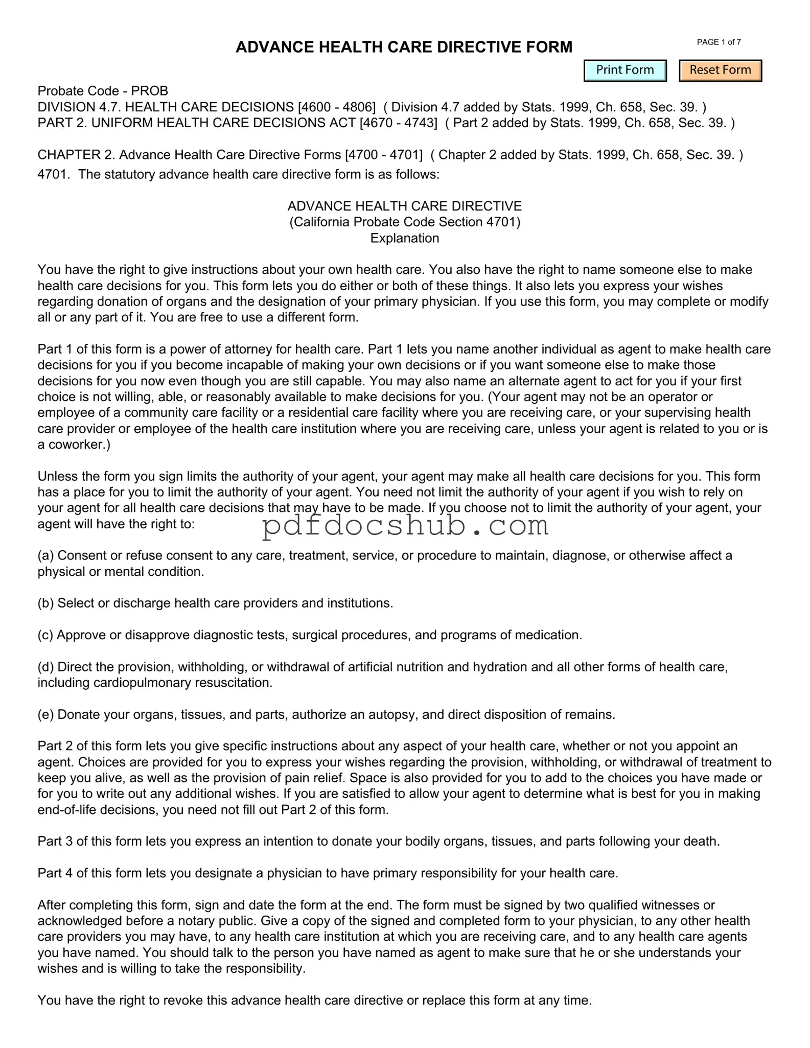 California Advanced Health Care Directive Template