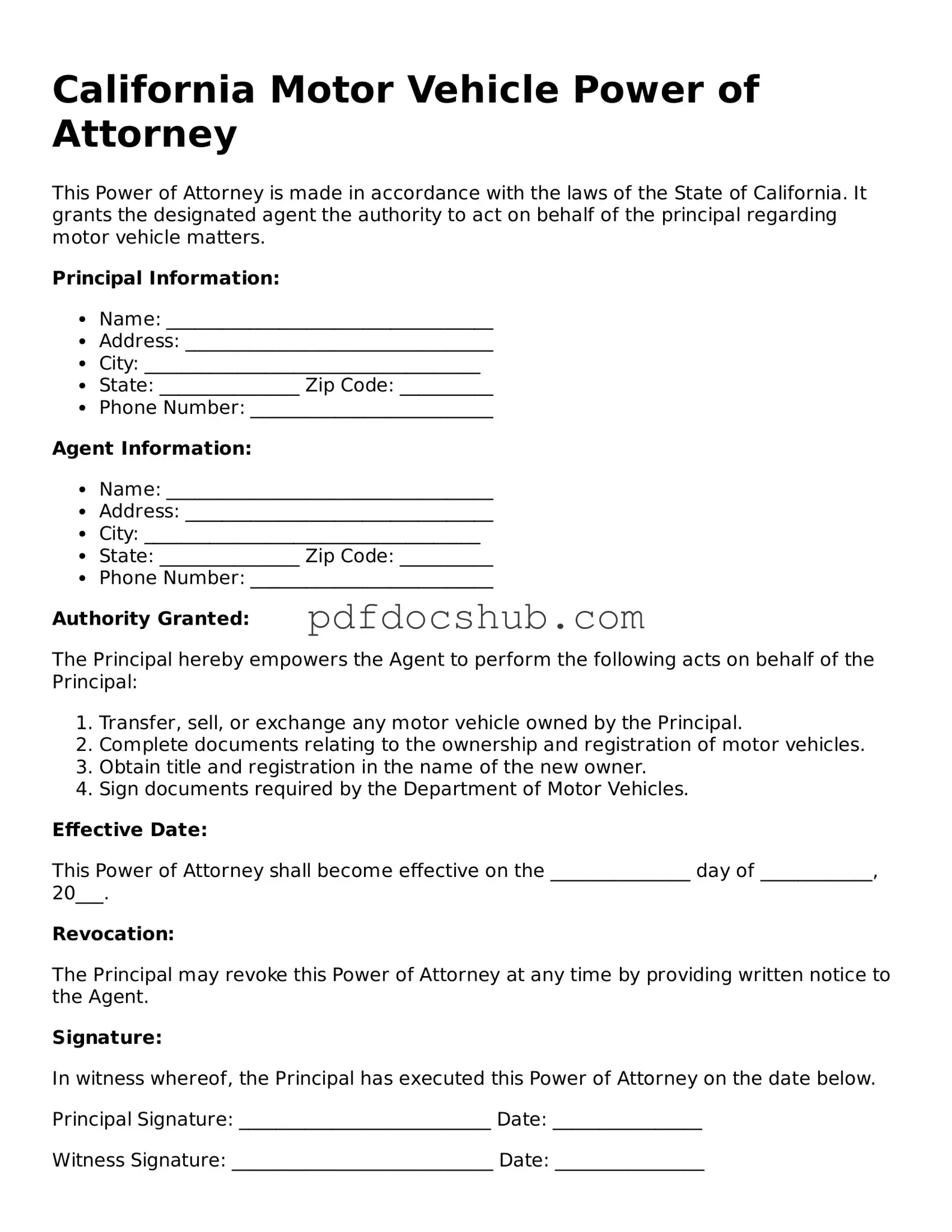 Attorney-Approved California Motor Vehicle Power of Attorney Form