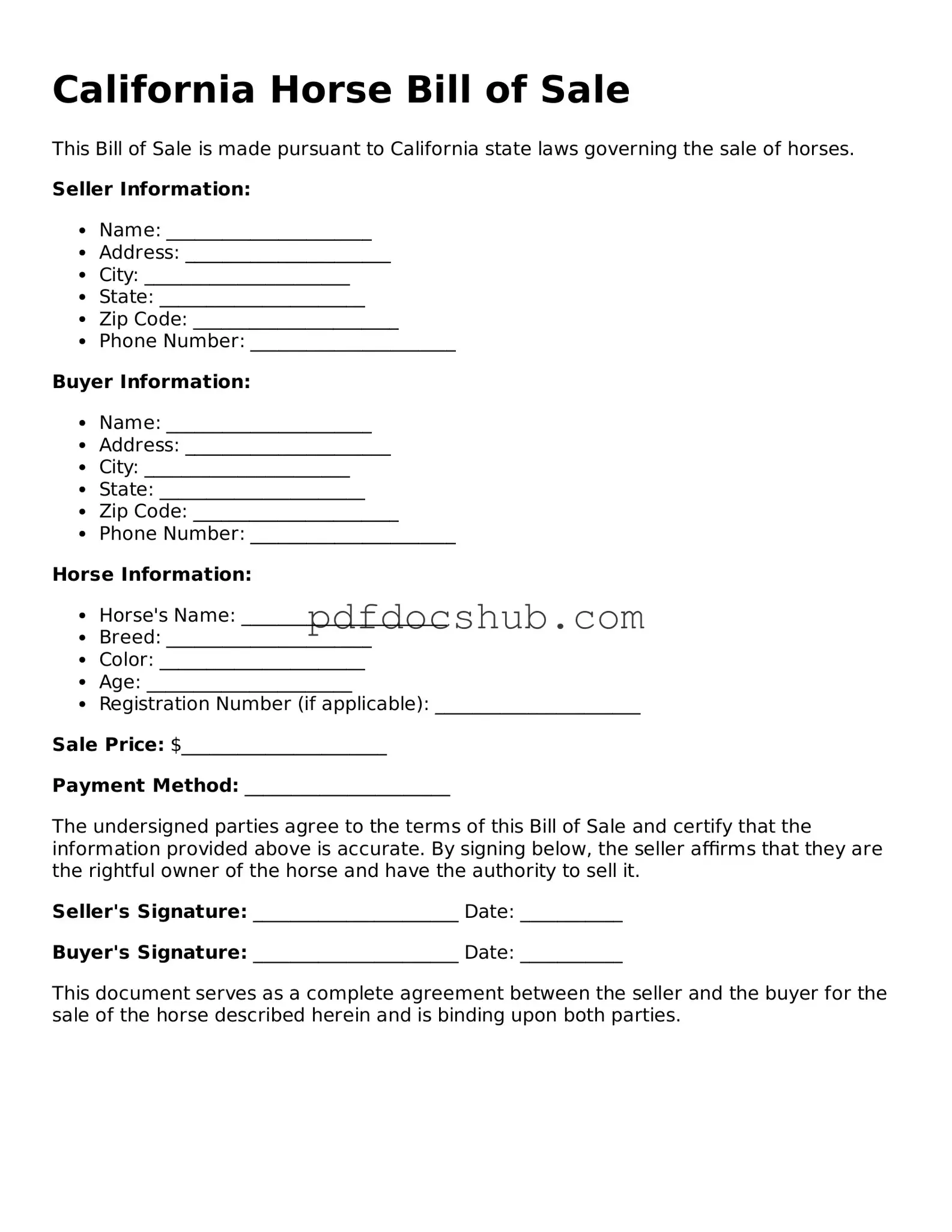 Attorney-Approved California Horse Bill of Sale Form