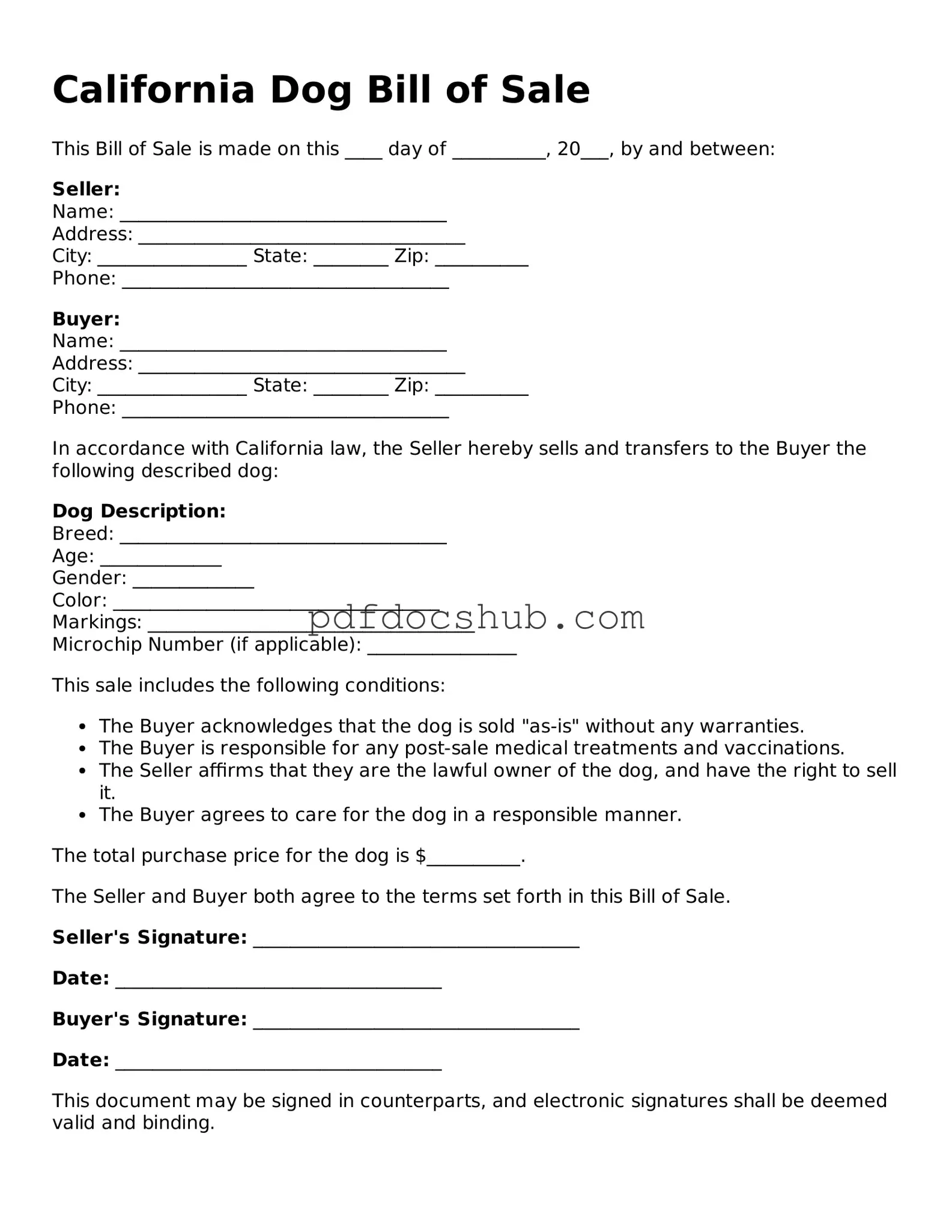 Attorney-Approved California Dog Bill of Sale Form