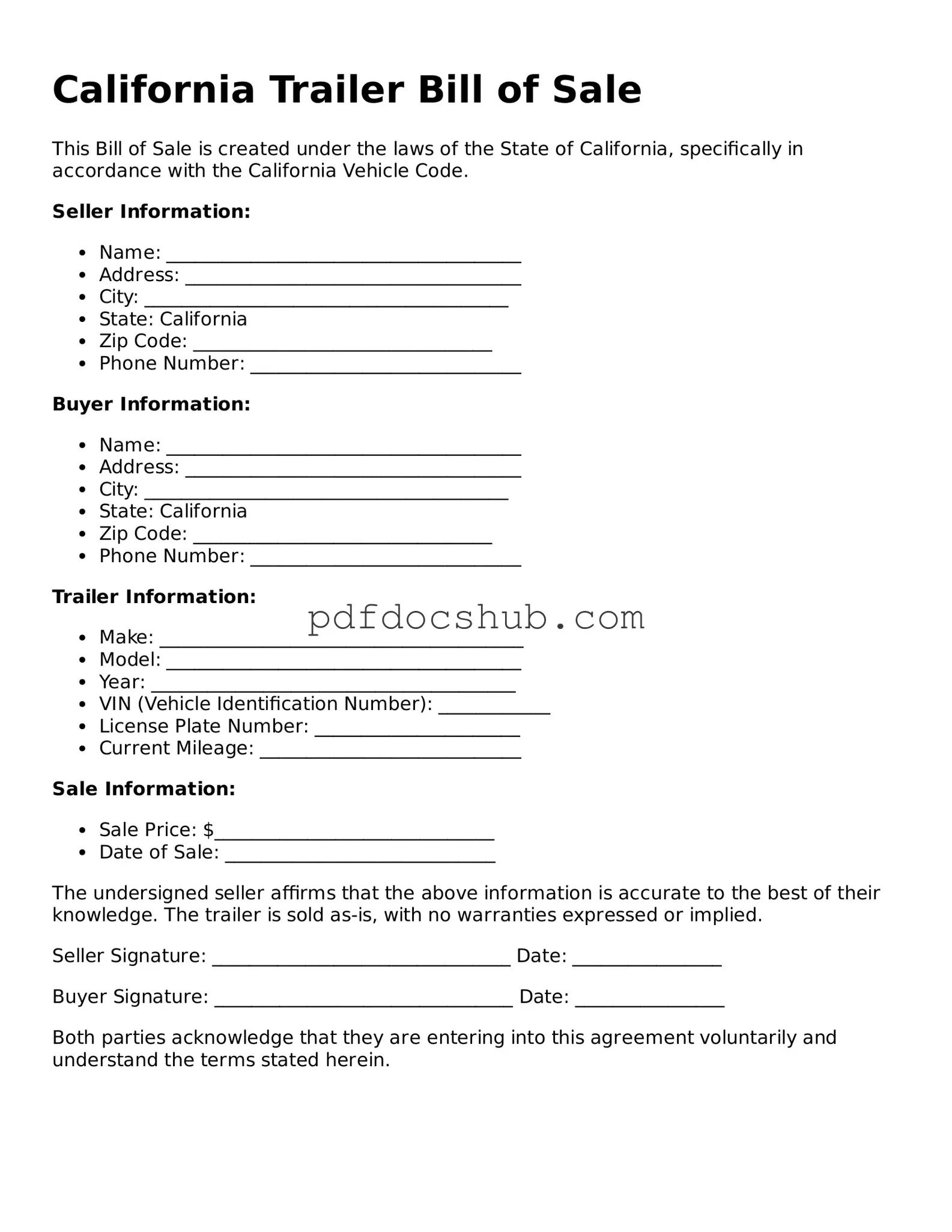 Attorney-Approved California Trailer Bill of Sale Form