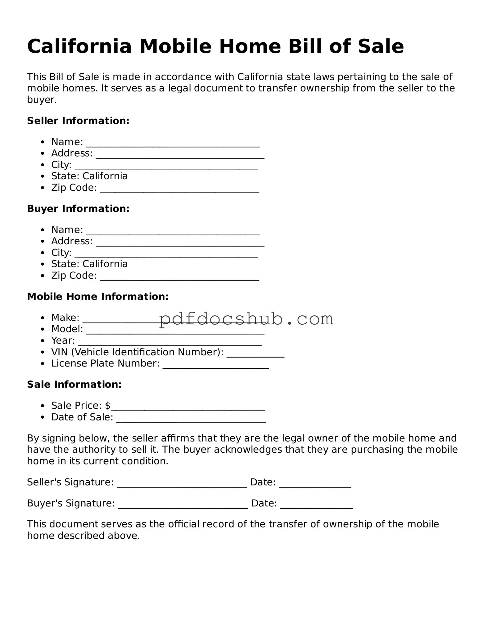 Attorney-Approved California Mobile Home Bill of Sale Form