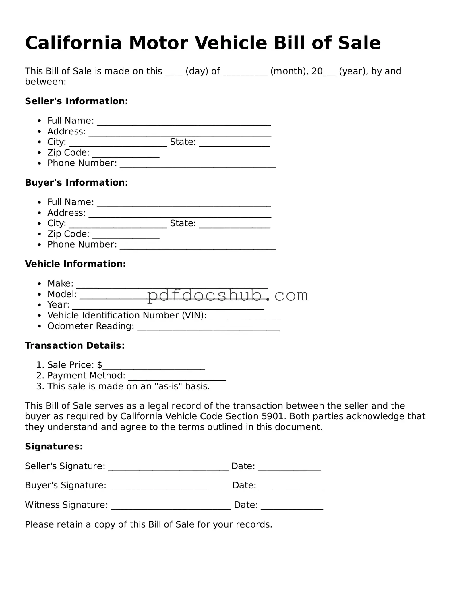 Attorney-Approved California Motor Vehicle Bill of Sale Form