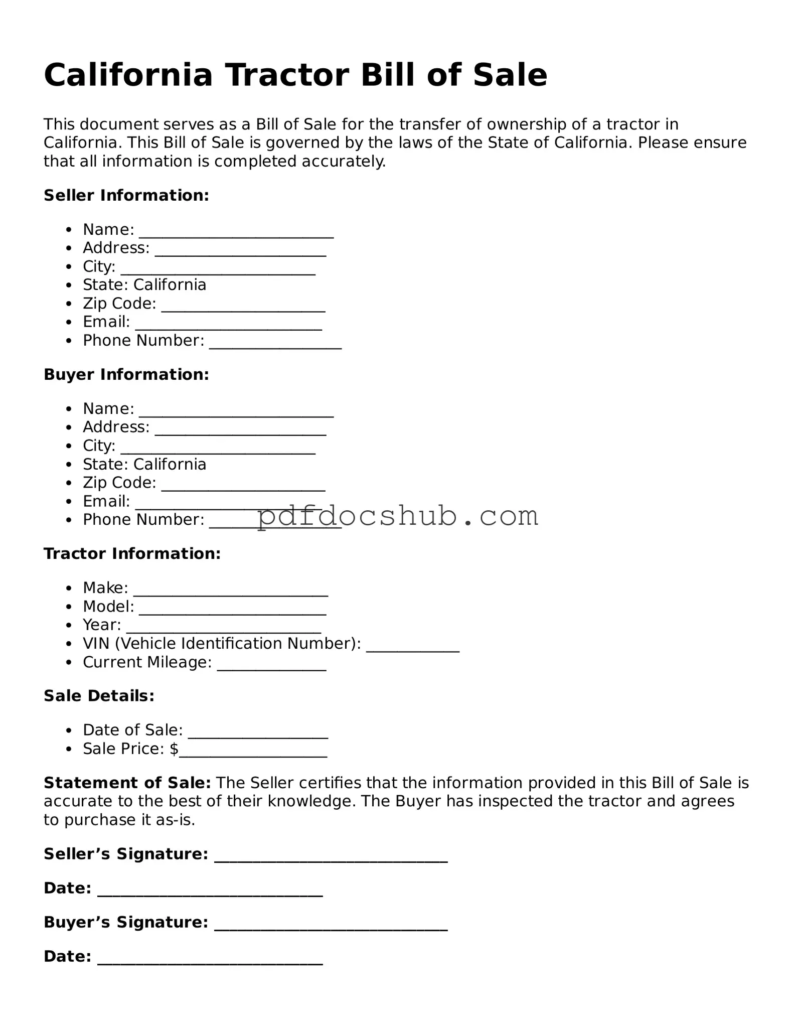 Attorney-Approved California Tractor Bill of Sale Form