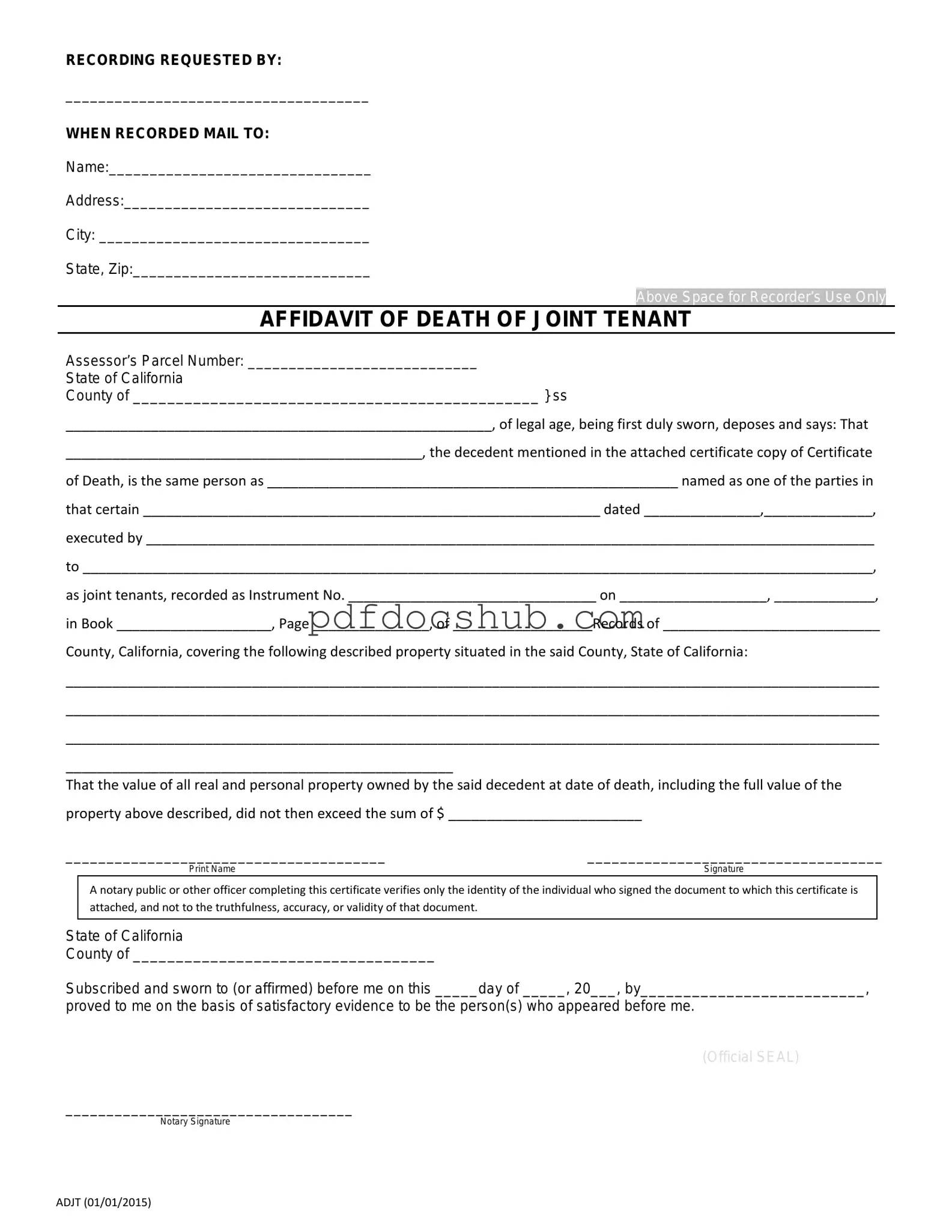 California Death of a Joint Tenant Affidavit Template