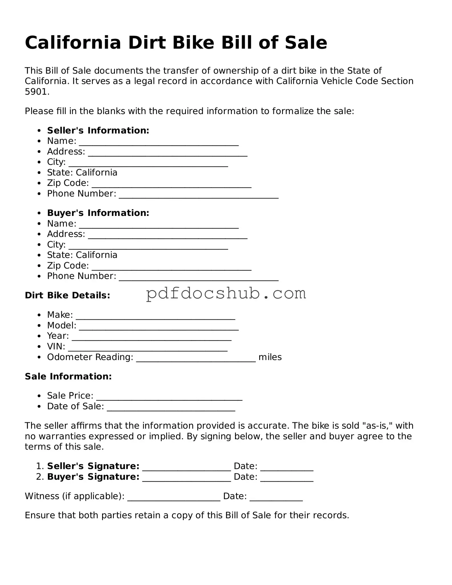 Attorney-Approved California Dirt Bike Bill of Sale Form