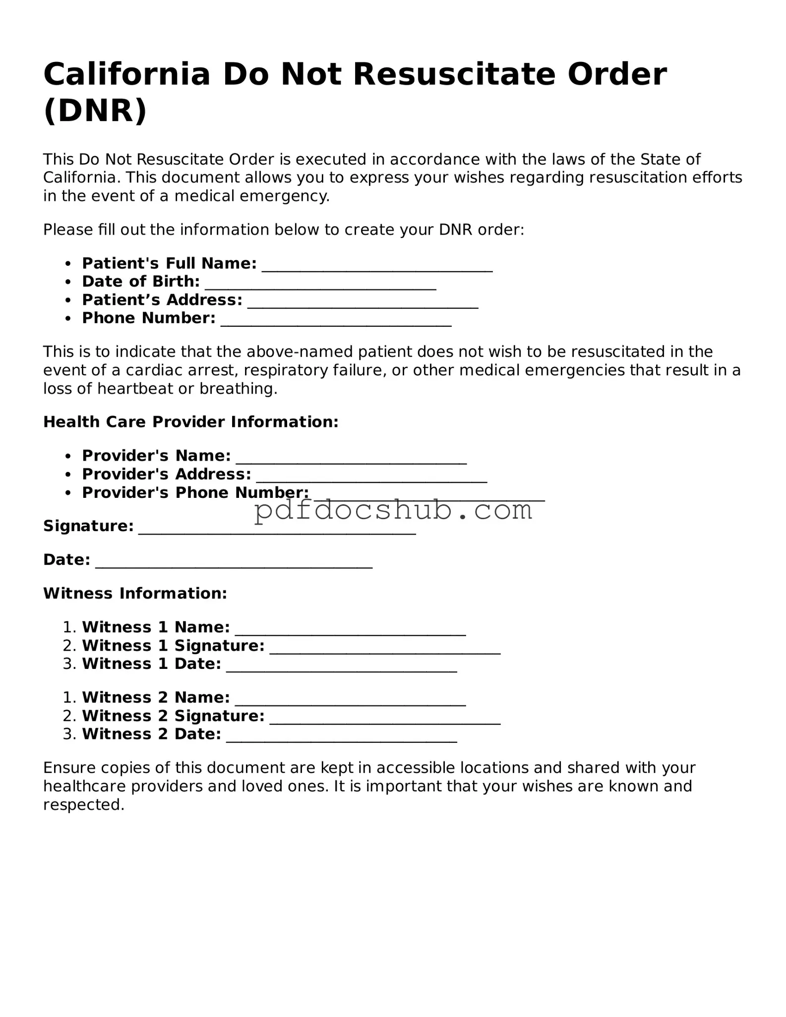 Attorney-Approved California Do Not Resuscitate Order Form
