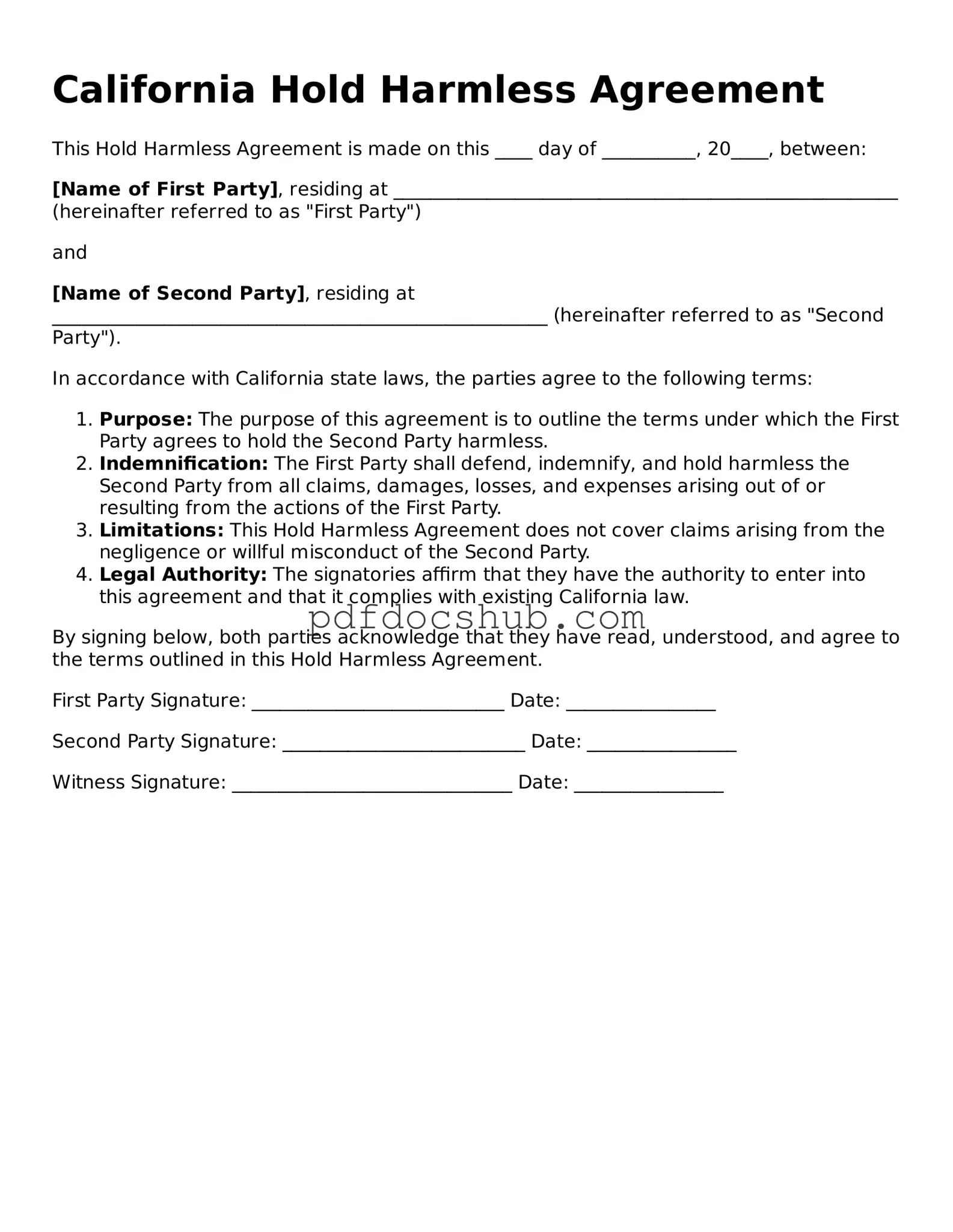 Attorney-Approved California Hold Harmless Agreement Form