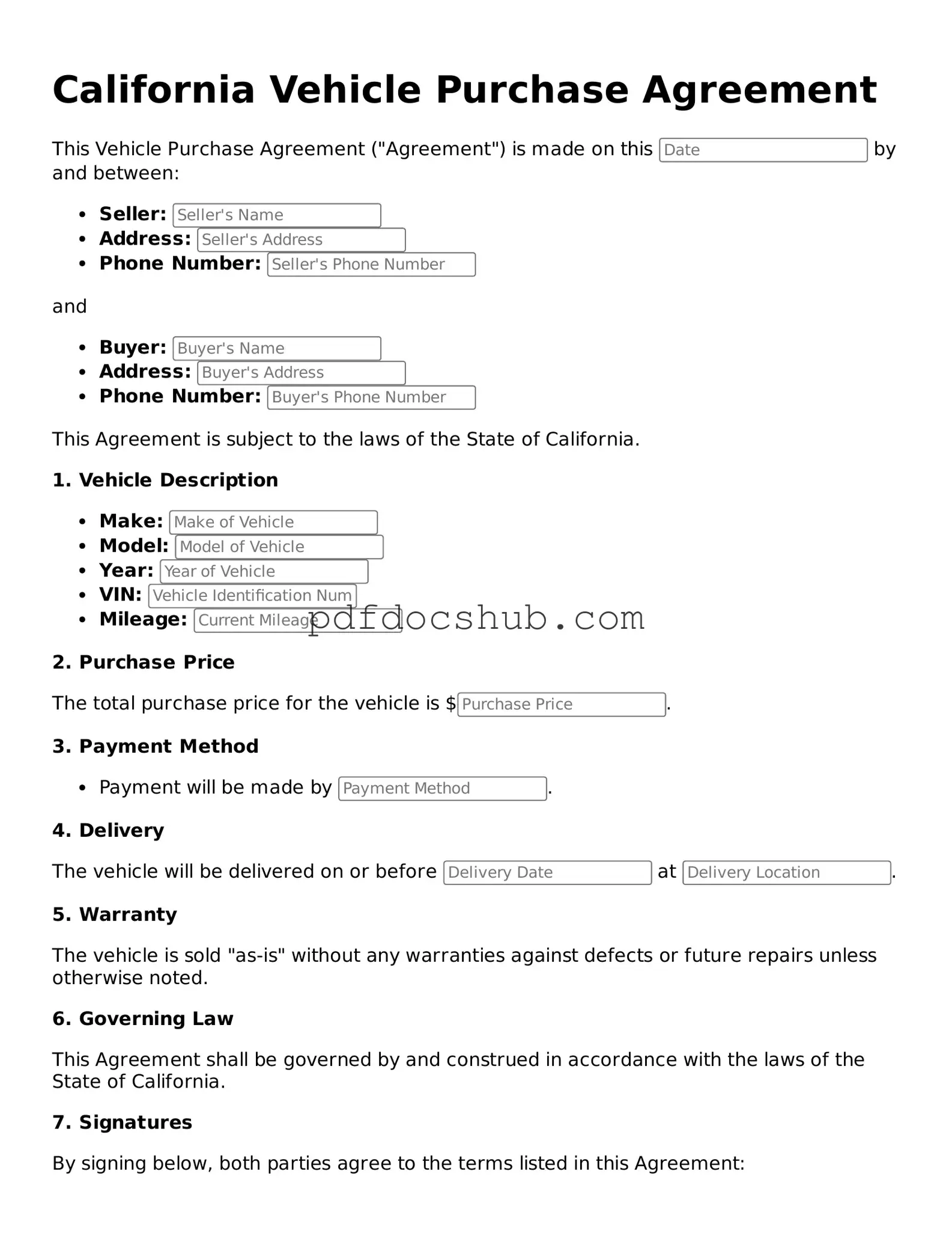 Attorney-Approved California Vehicle Purchase Agreement Form