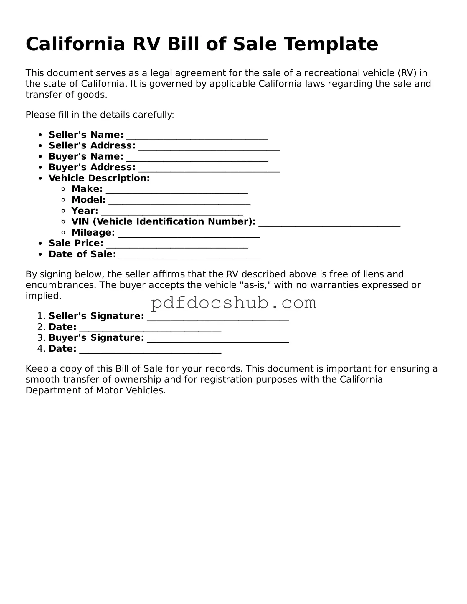Attorney-Approved California RV Bill of Sale Form