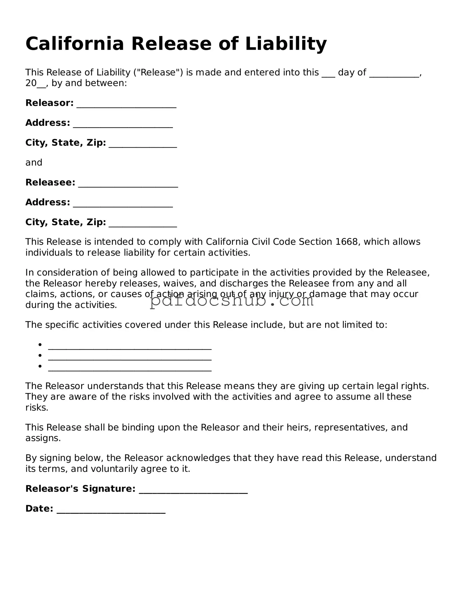 Attorney-Approved California Release of Liability Form