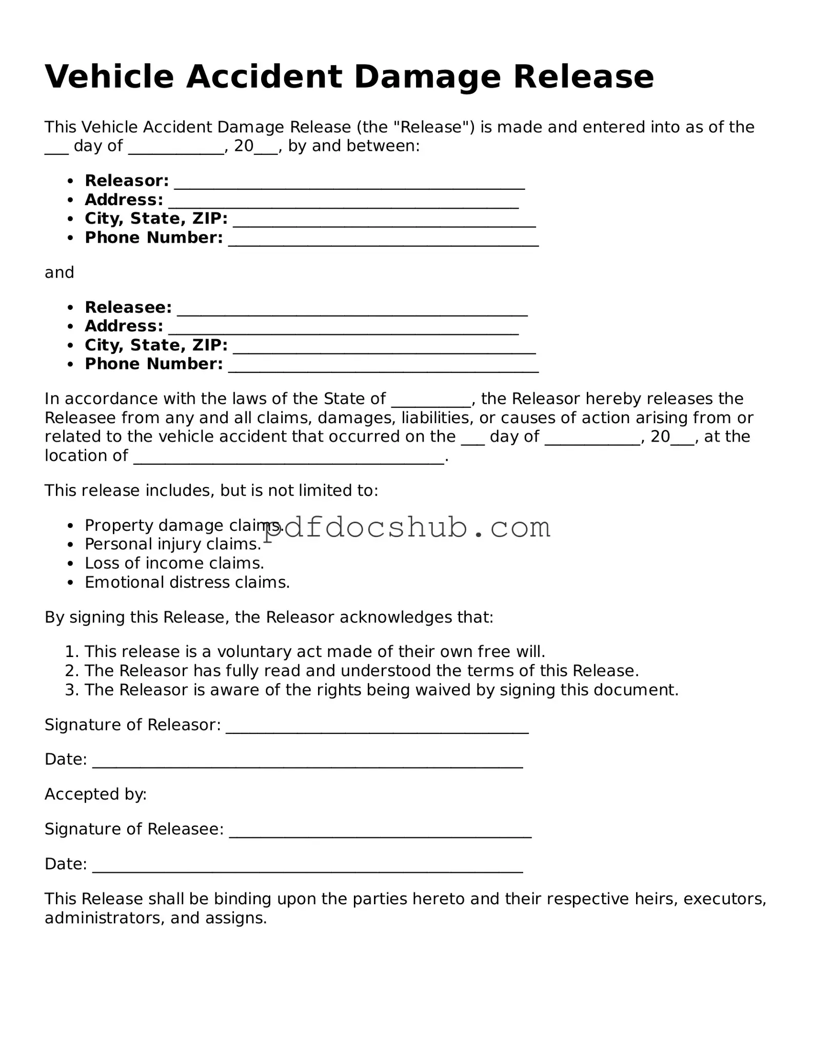 Legal Vehicle Accident Damage Release Template