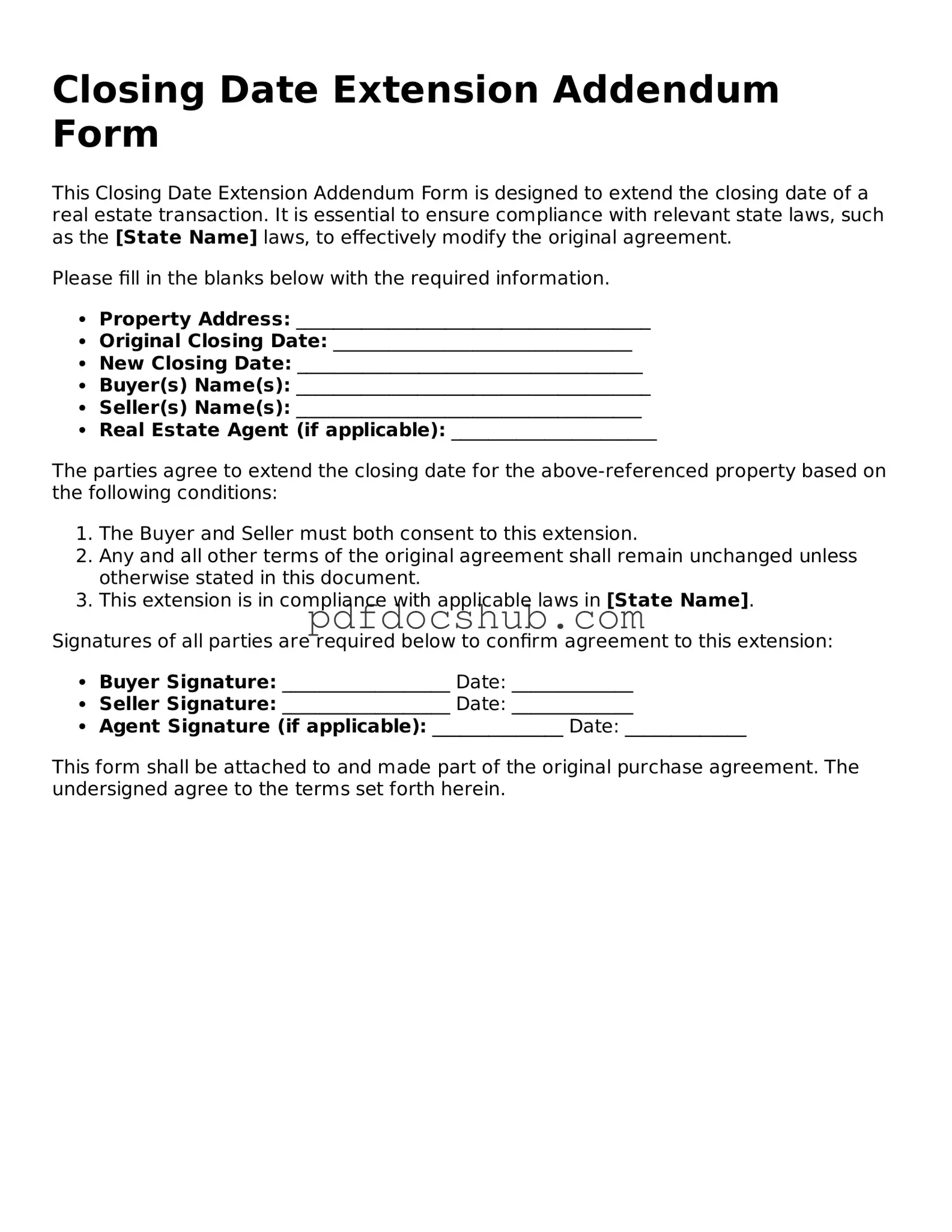 Legal Closing Date Extension Addendum Form Template