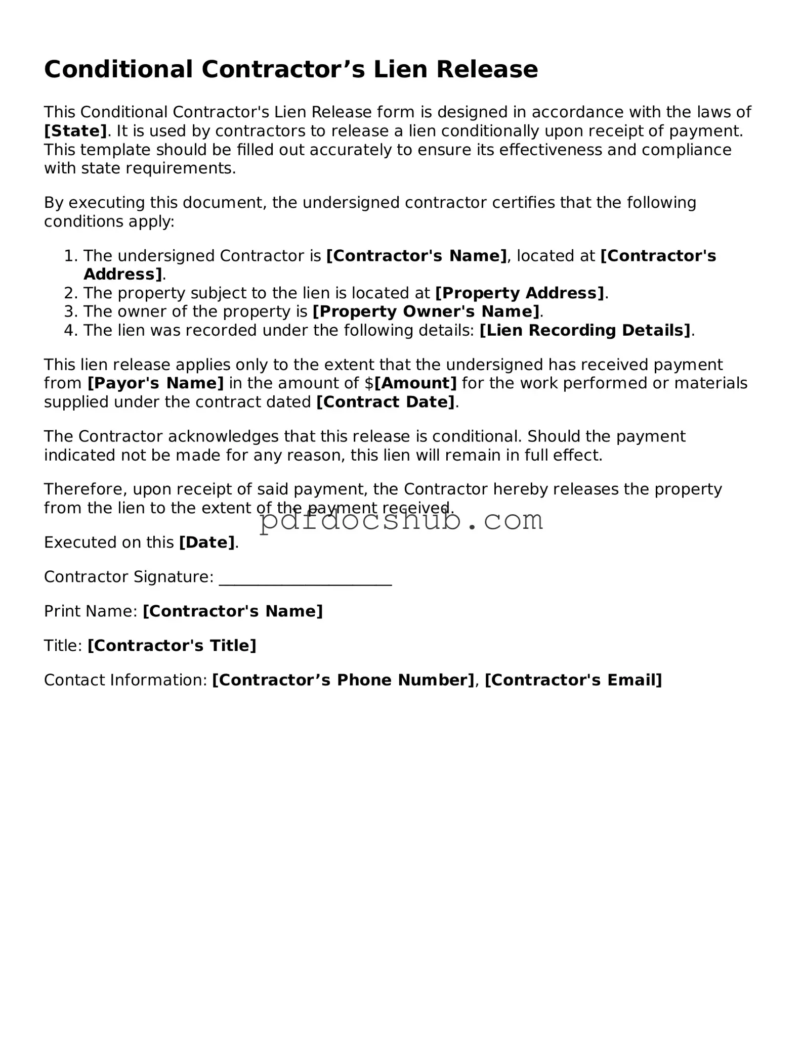 Legal Conditional Contractor’s Lien Release Template