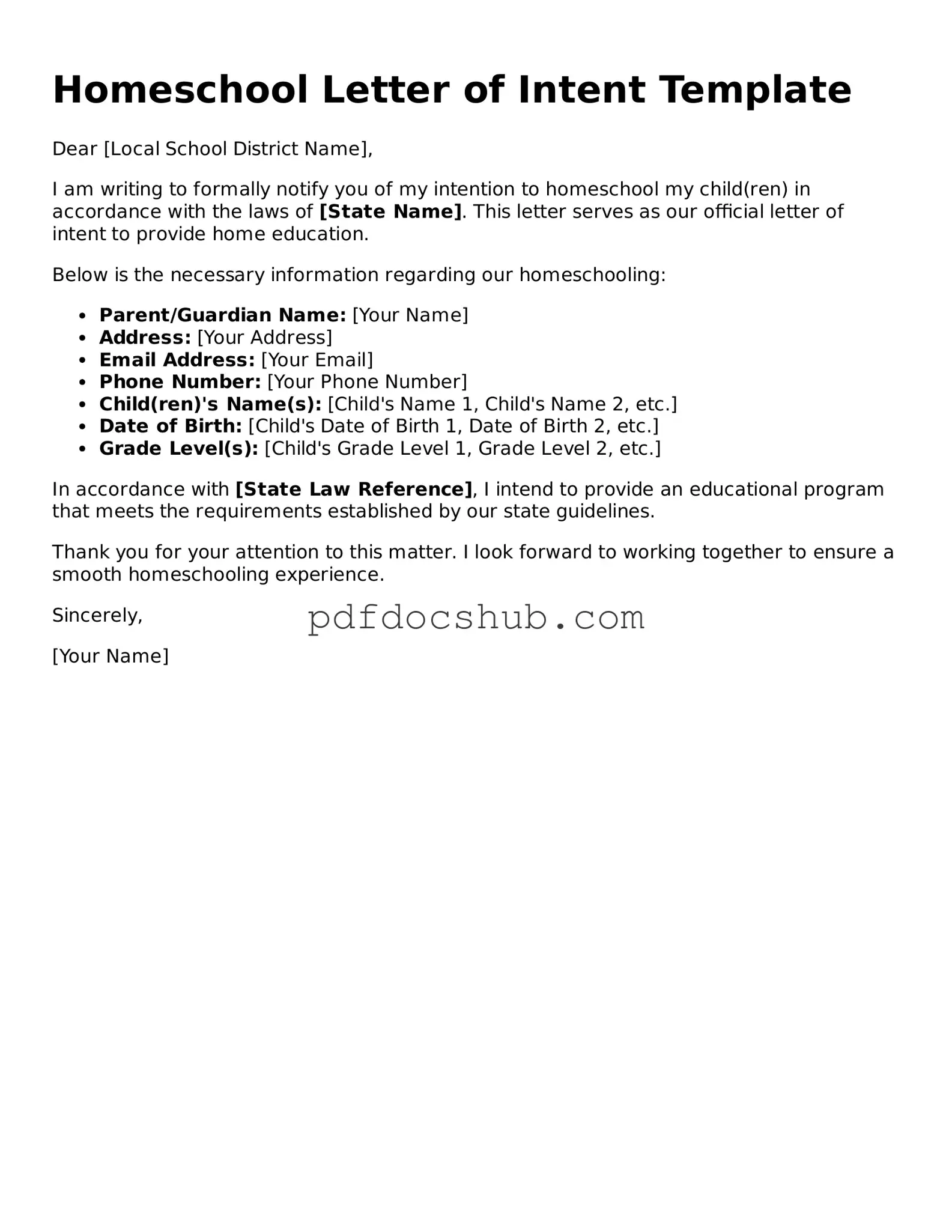 Legal Homeschool Letter of Intent Template