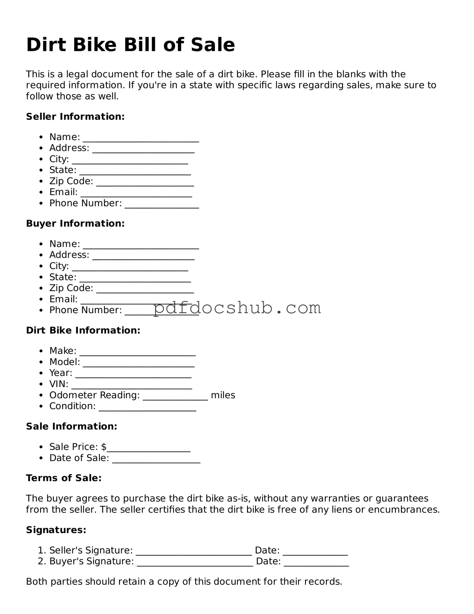 Legal Dirt Bike Bill of Sale Template