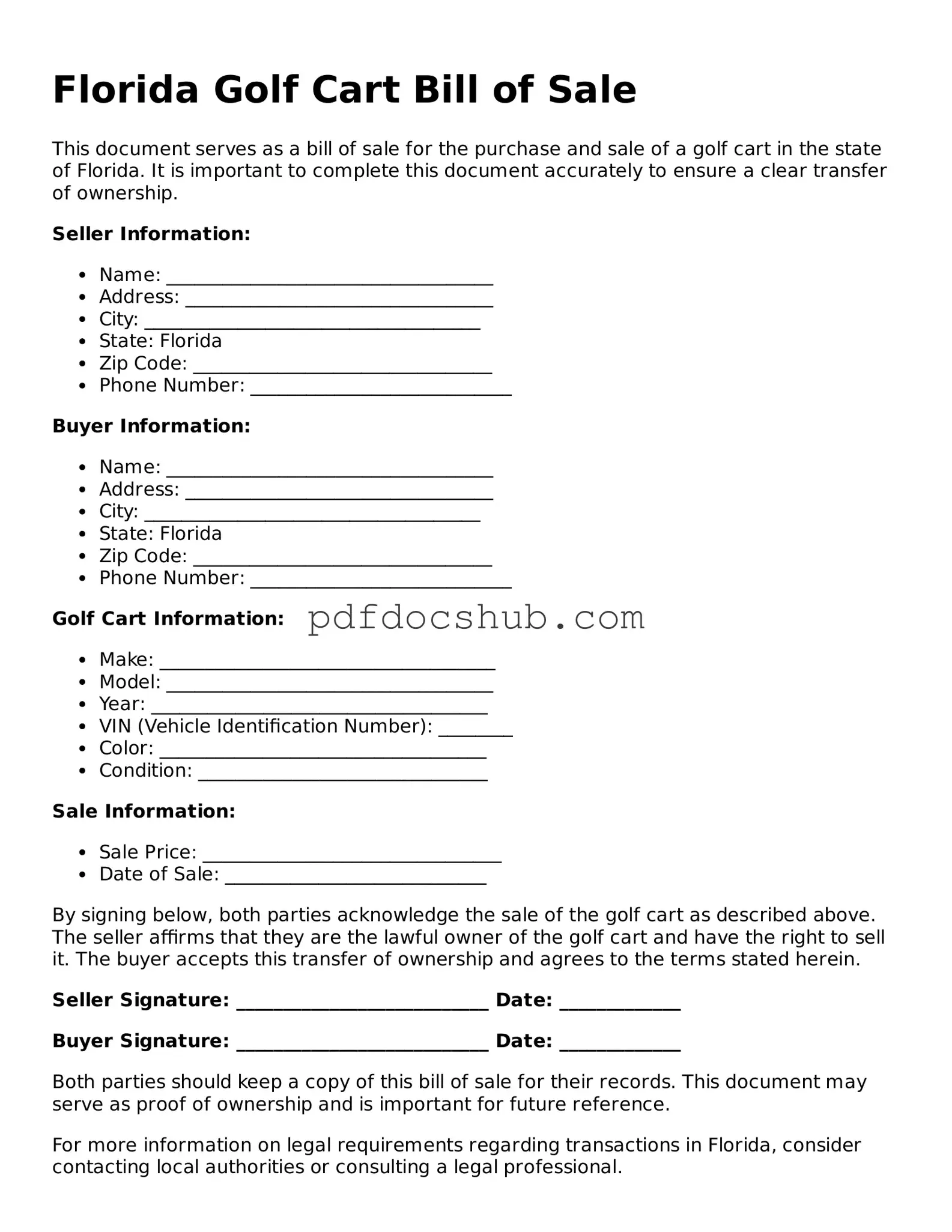 Attorney-Approved Florida Golf Cart Bill of Sale Form