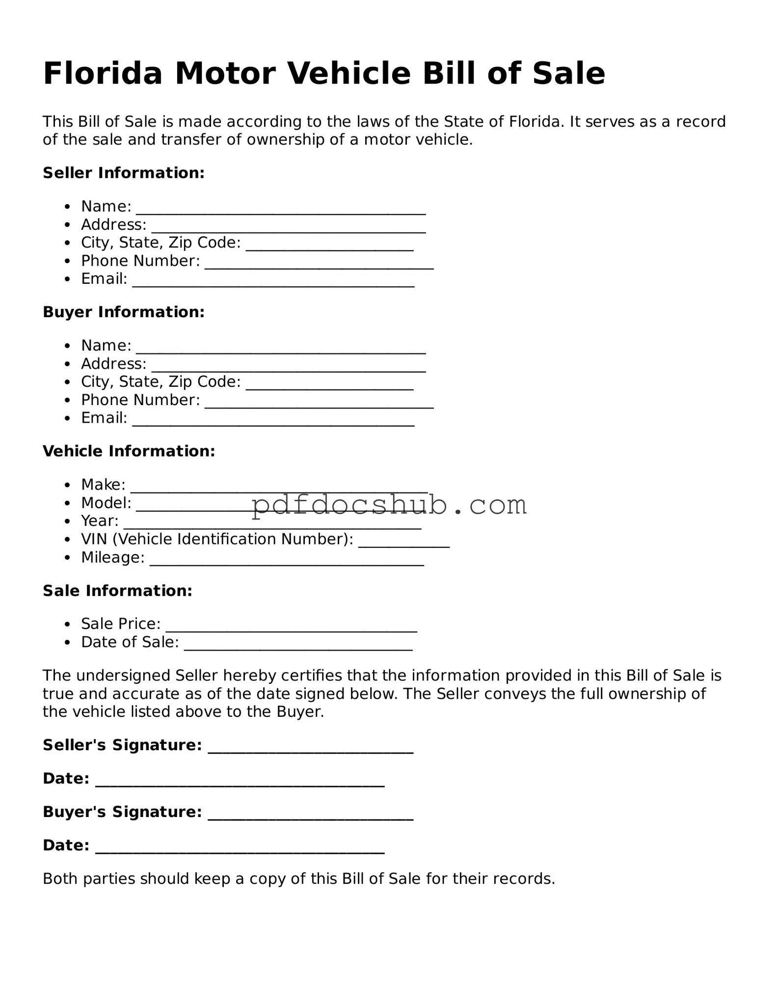 Attorney-Approved Florida Motor Vehicle Bill of Sale Form