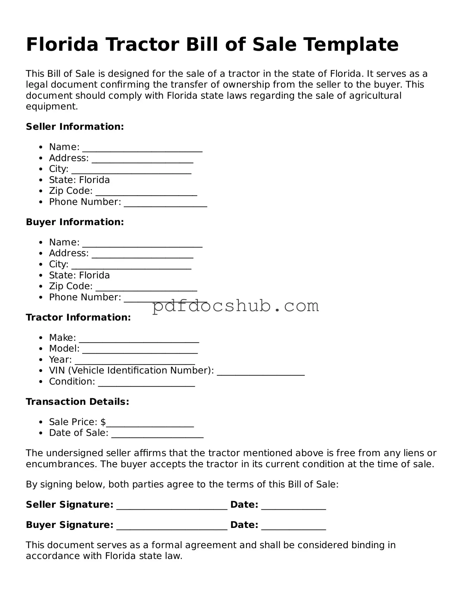 Attorney-Approved Florida Tractor Bill of Sale Form