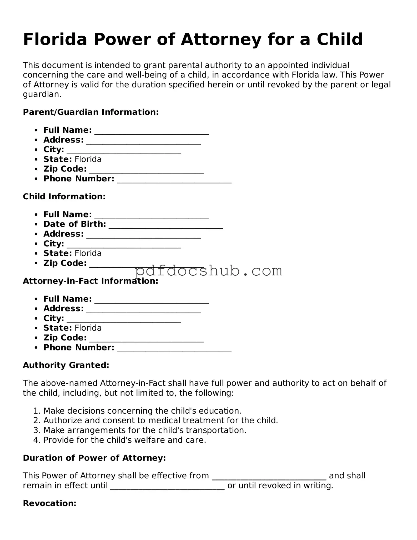 Attorney-Approved Florida Power of Attorney for a Child Form