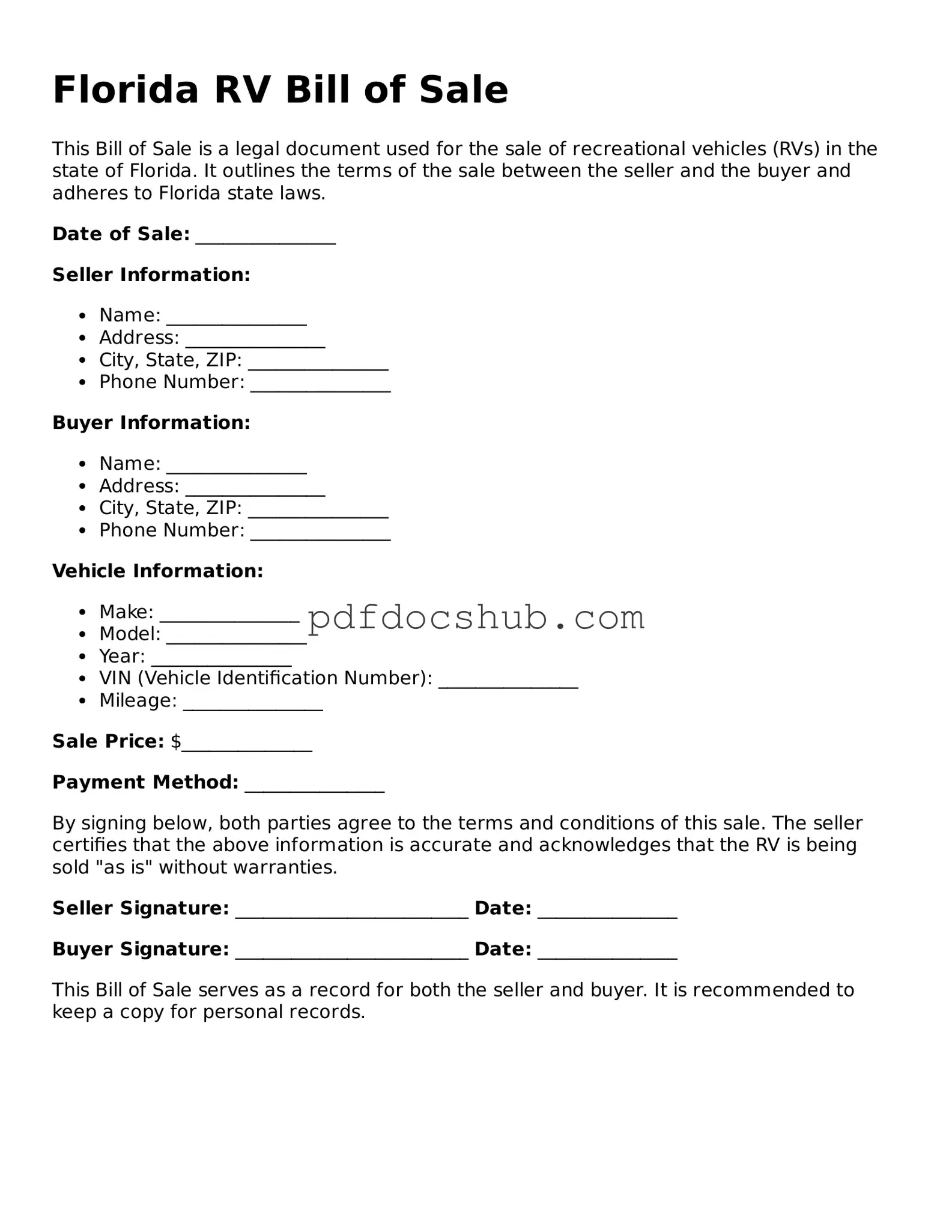 Attorney-Approved Florida RV Bill of Sale Form
