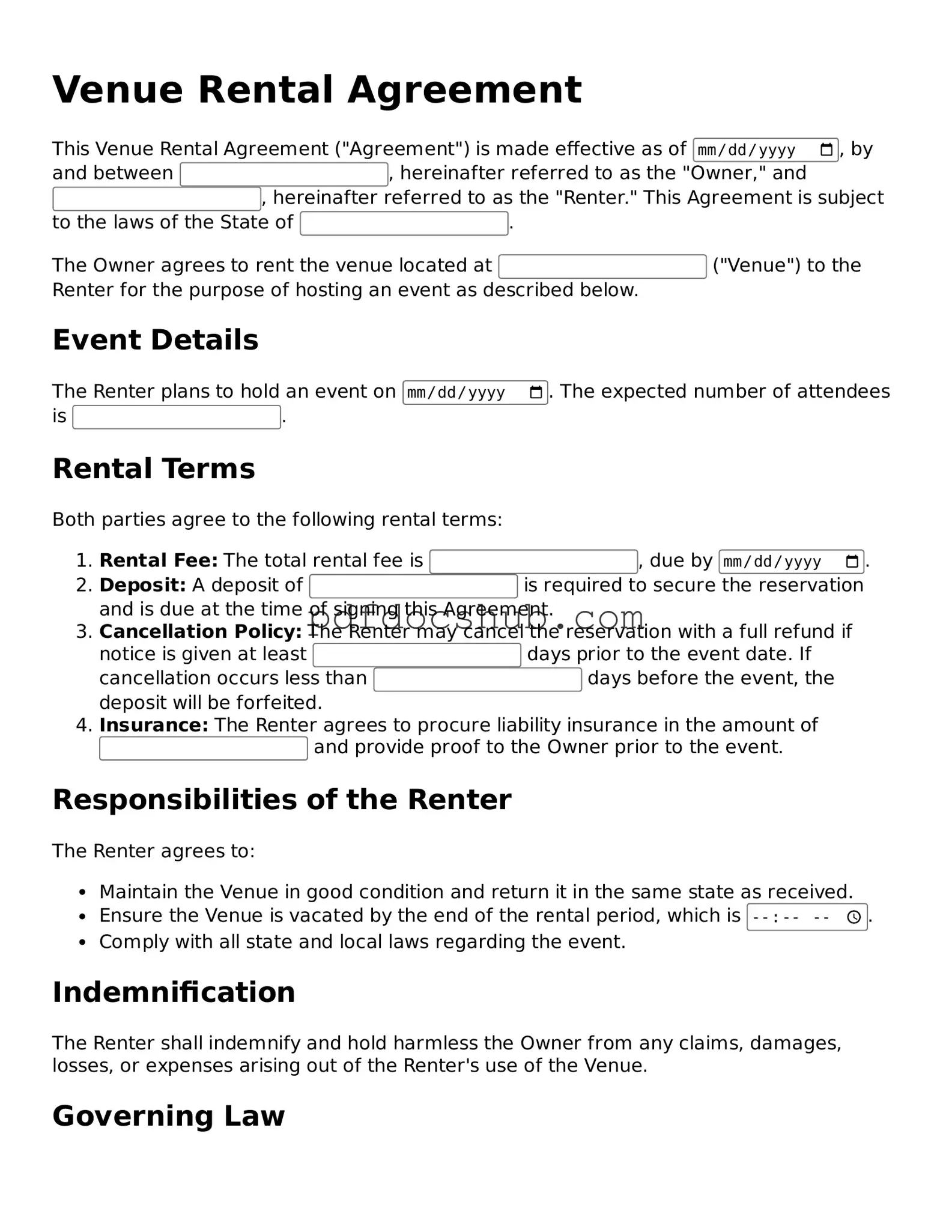 Legal Venue Rental Agreement Template
