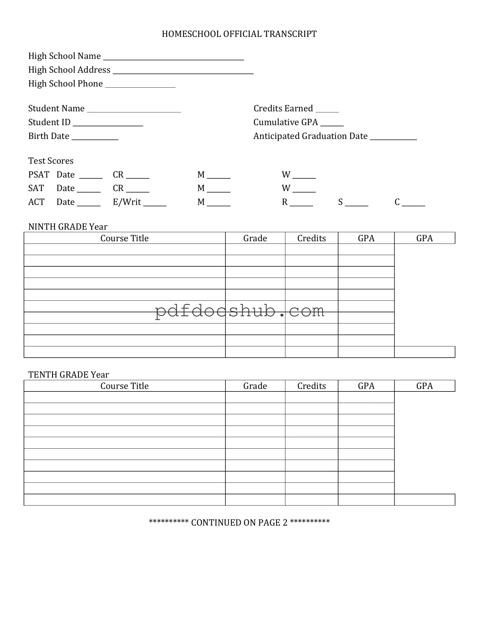 High School Transcript Template