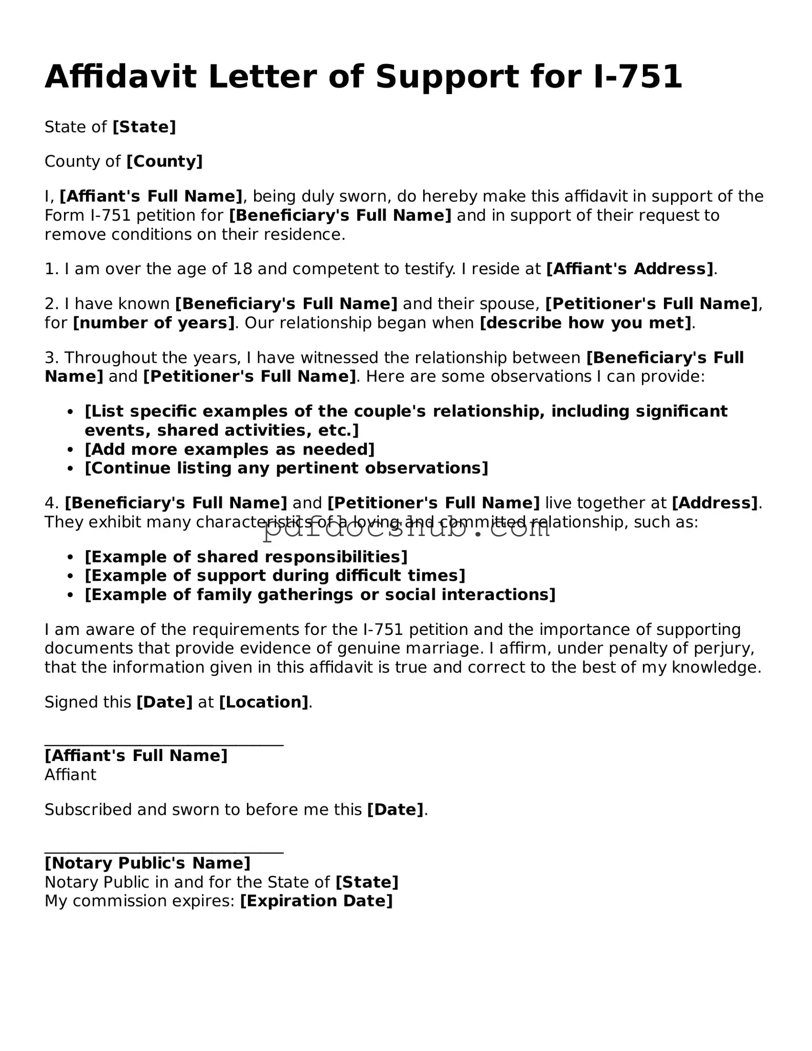 Legal Affidavit Letter of Support for I-751 Template