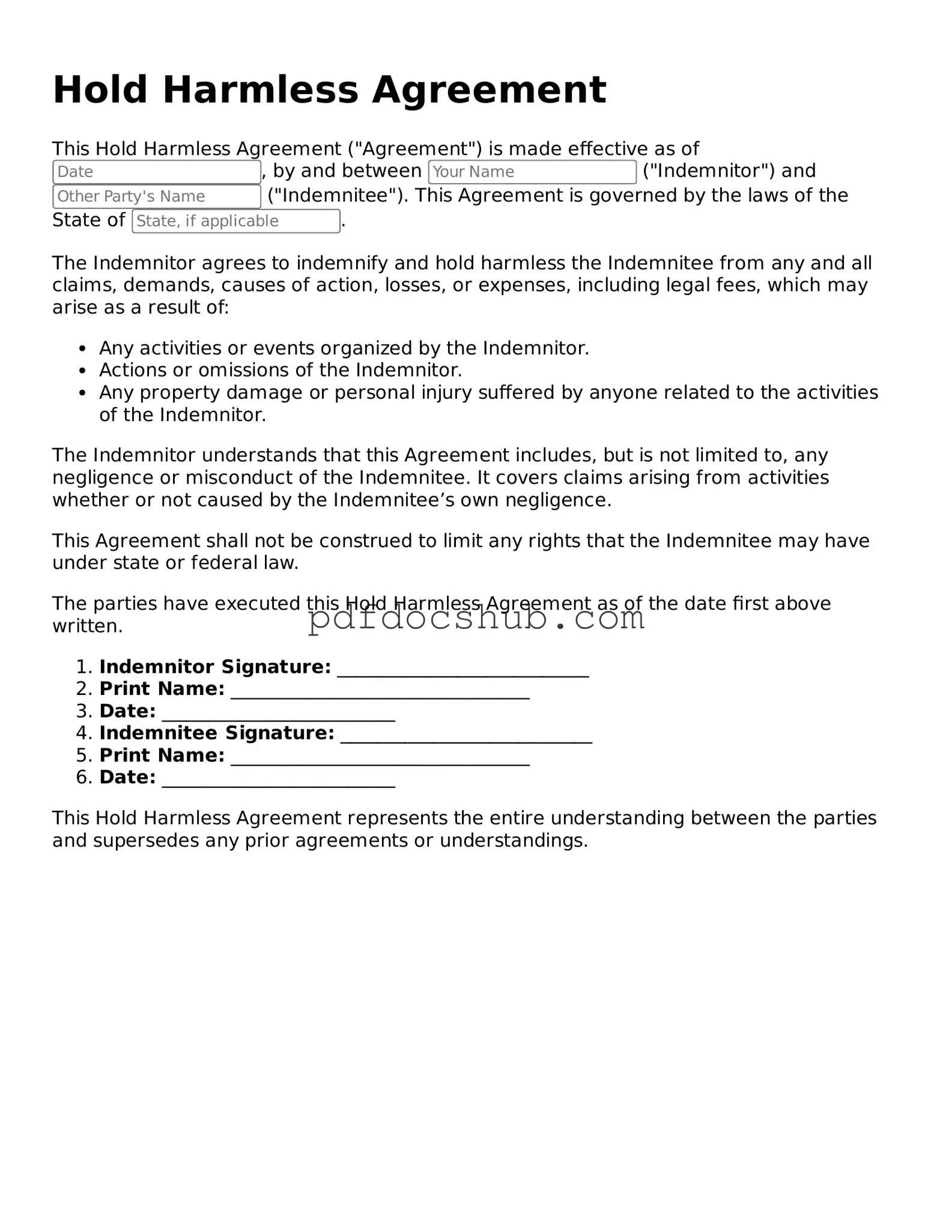 Legal Hold Harmless Agreement Template
