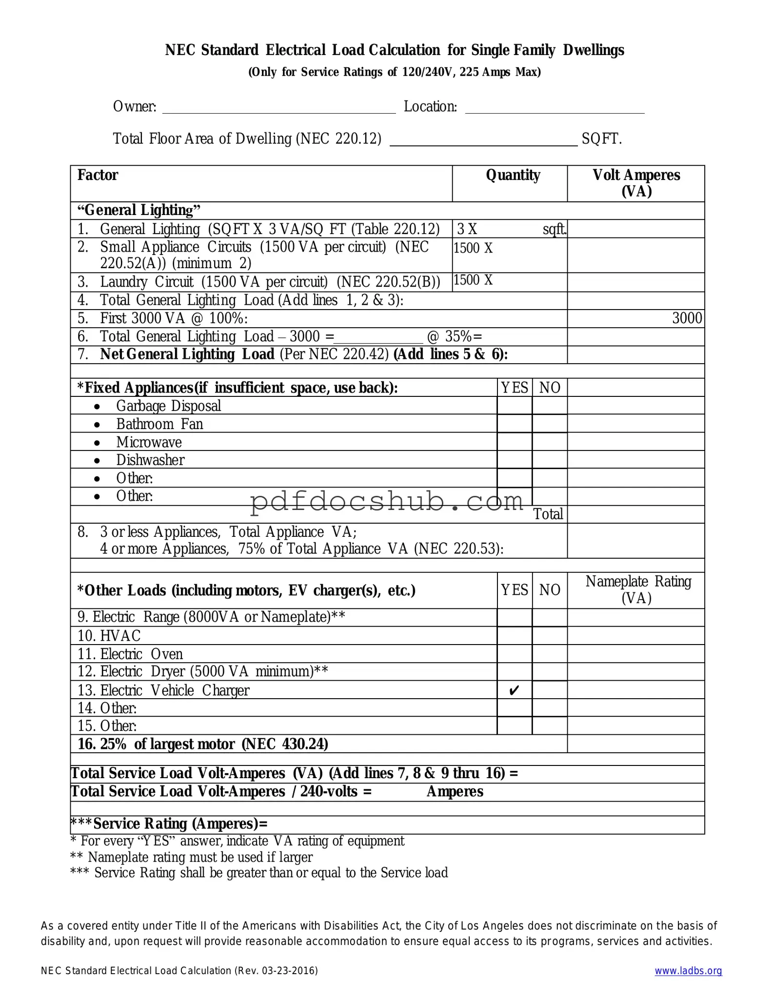 LADBS NEC Standard Electrical Load Calculation Template