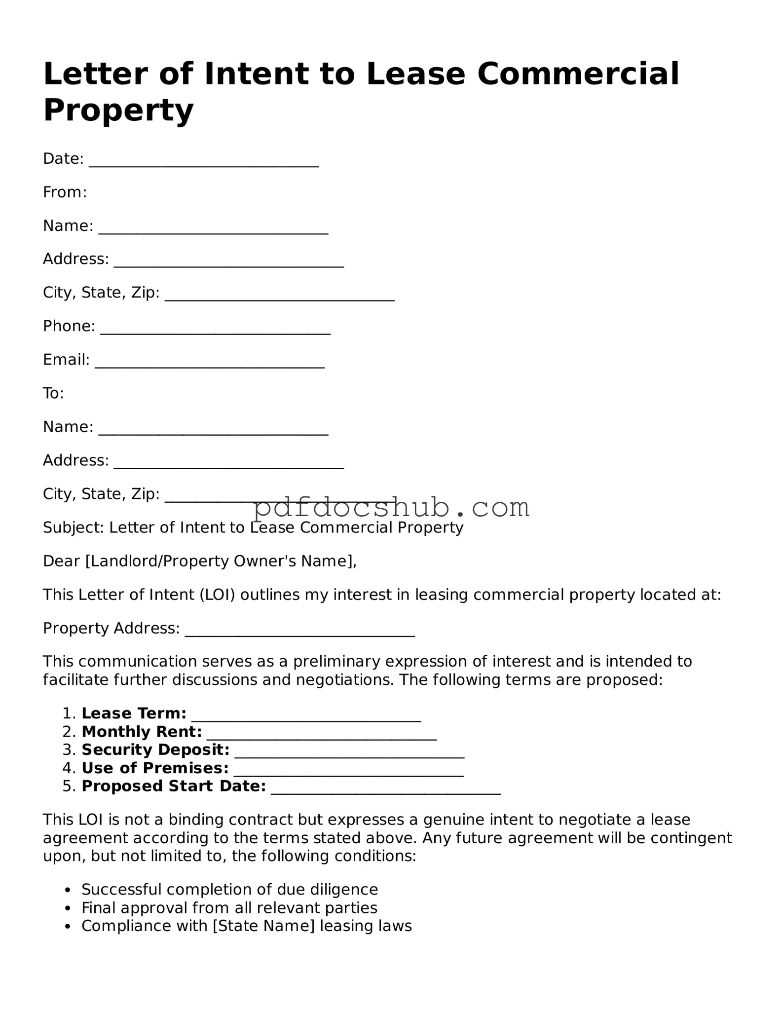 Legal Letter of Intent to Lease Commercial Property Template