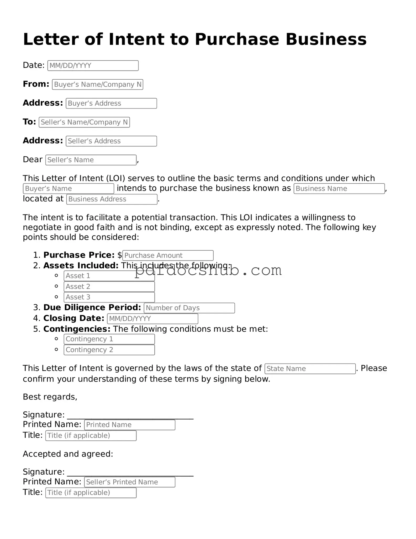 Legal Letter of Intent to Purchase Business Template