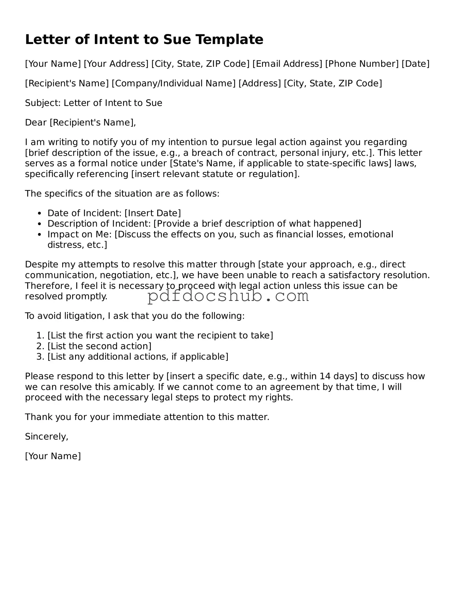 Legal Letter of Intent to Sue Template