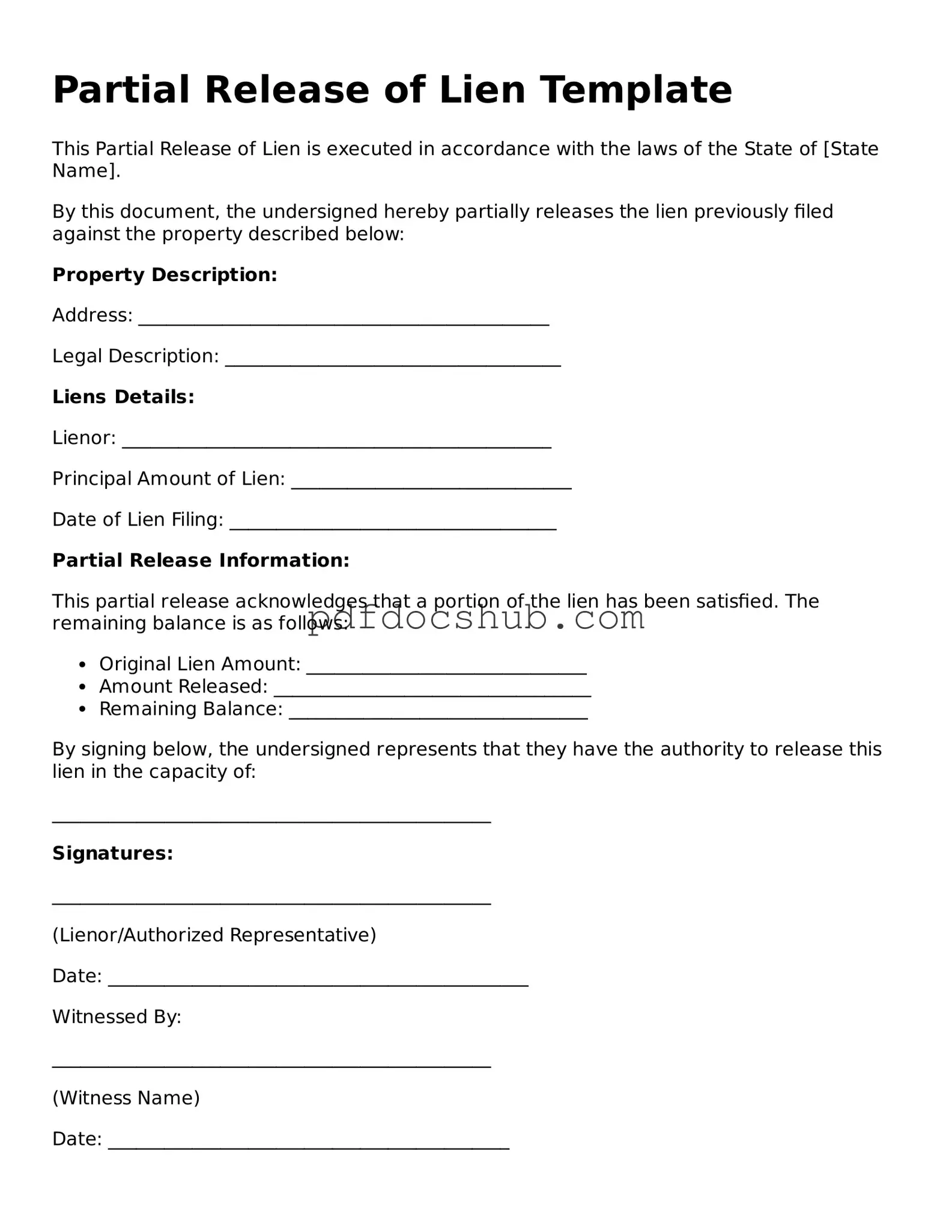 Legal Partial Release of Lien Template