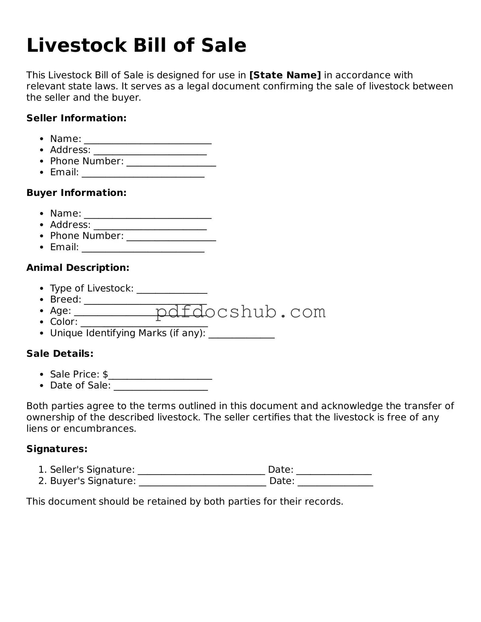 Legal Livestock Bill of Sale Template