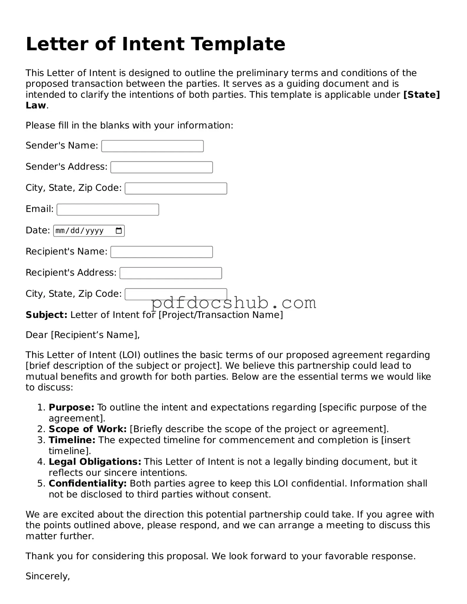 Legal Letter of Intent Template